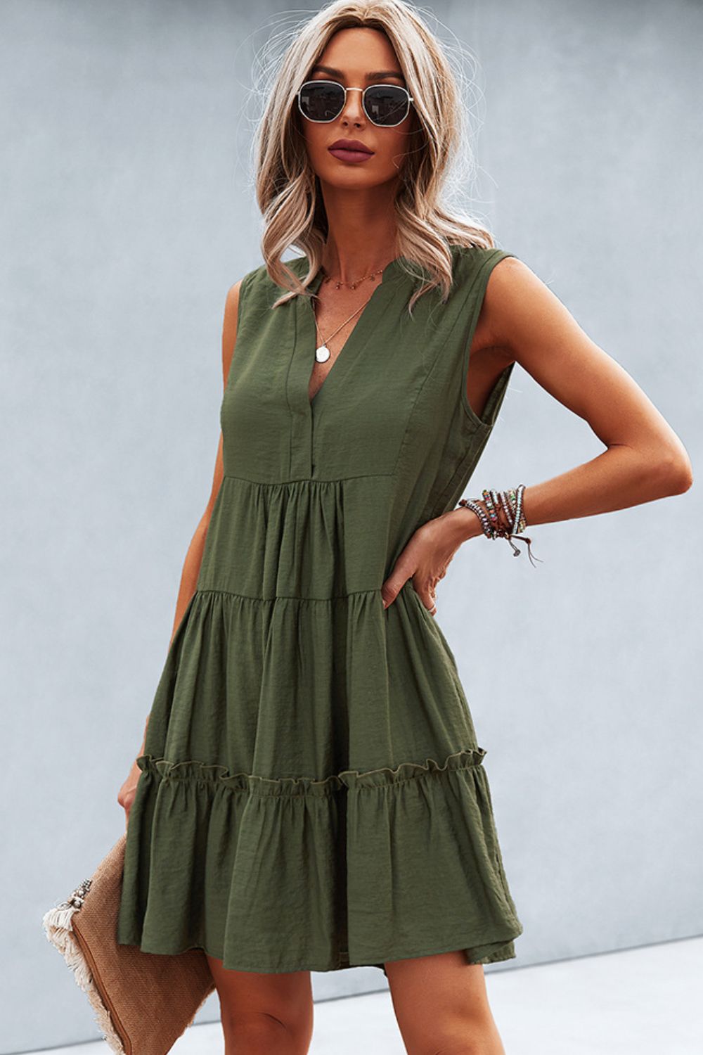 Frill Trim Notched Sleeveless Tiered Dress