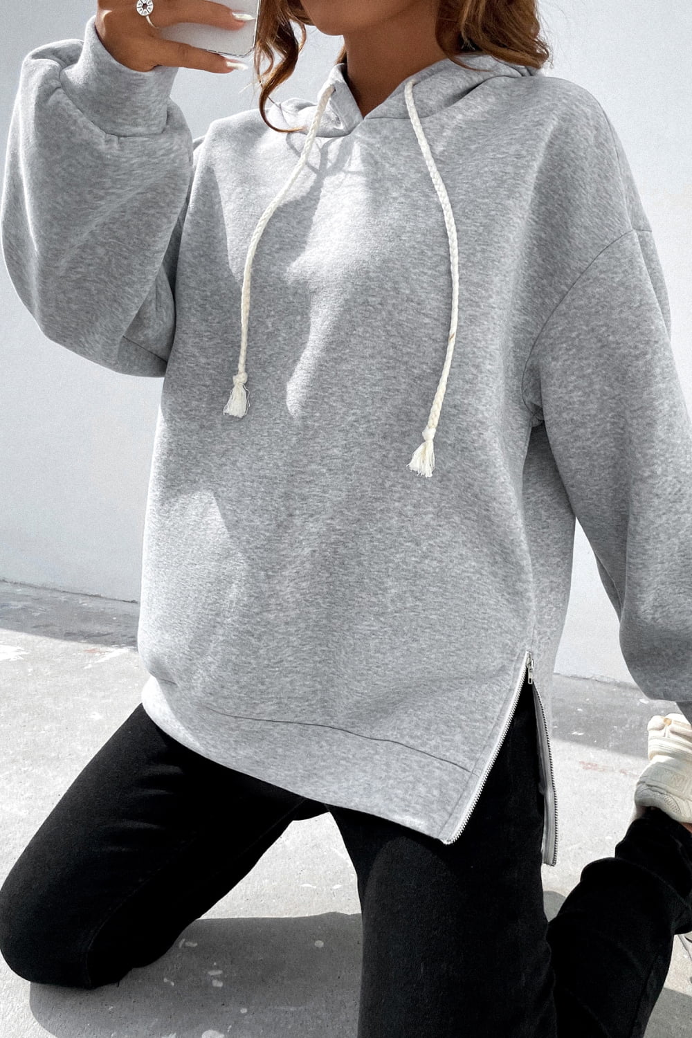 Side Zipper Dropped Shoulder Hoodie