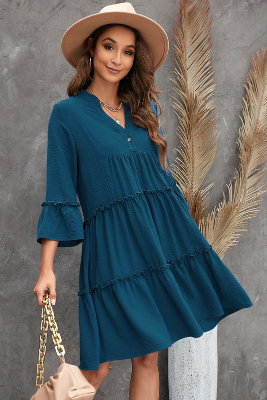 Frill Trim Three-Quarter Flare Sleeve Dress