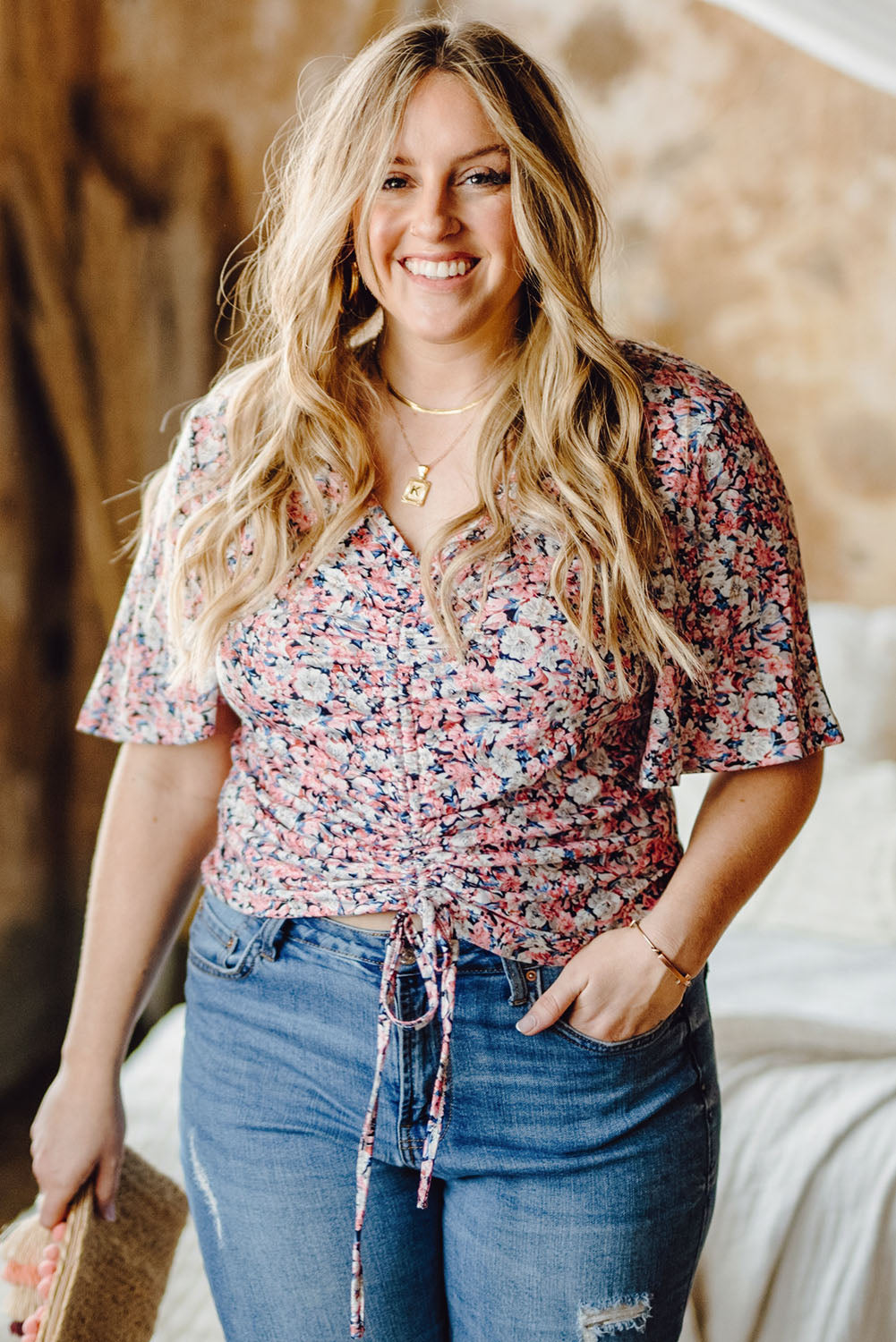 Plus Size Floral Drawstring Detail Blouse