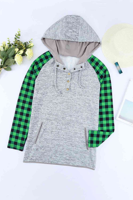 Plaid Quarter-Snap Hoodie with Pockets