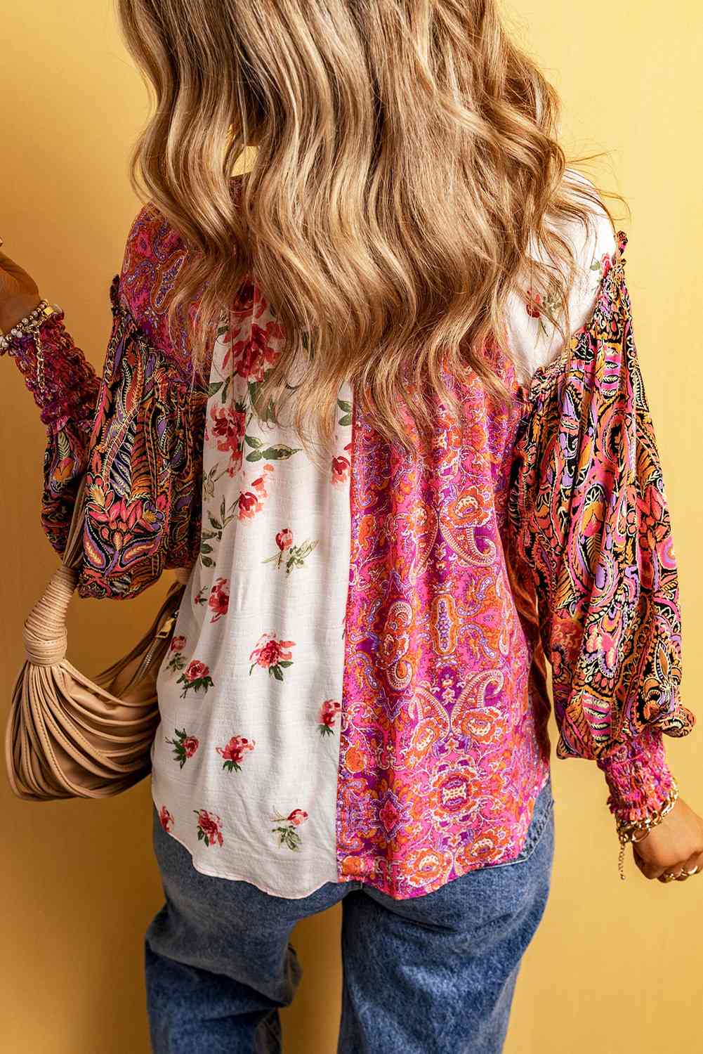 Multicolor Floral Notched Neck Lantern Sleeve Blouse