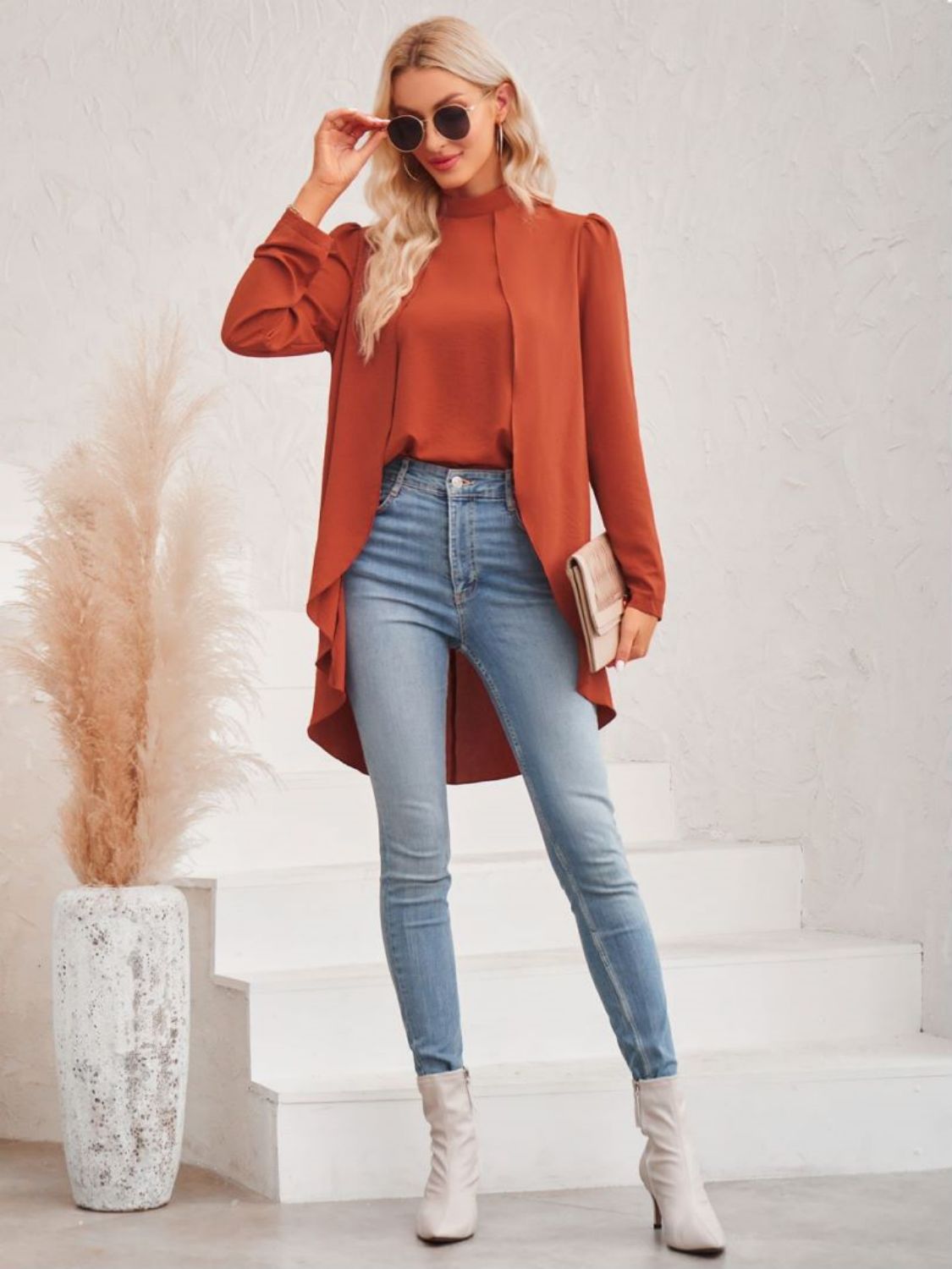 Long Puff Sleeve High-Low Blouse