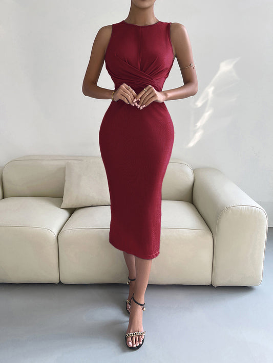 Round Neck Tie Back Slit Sleeveless Dress