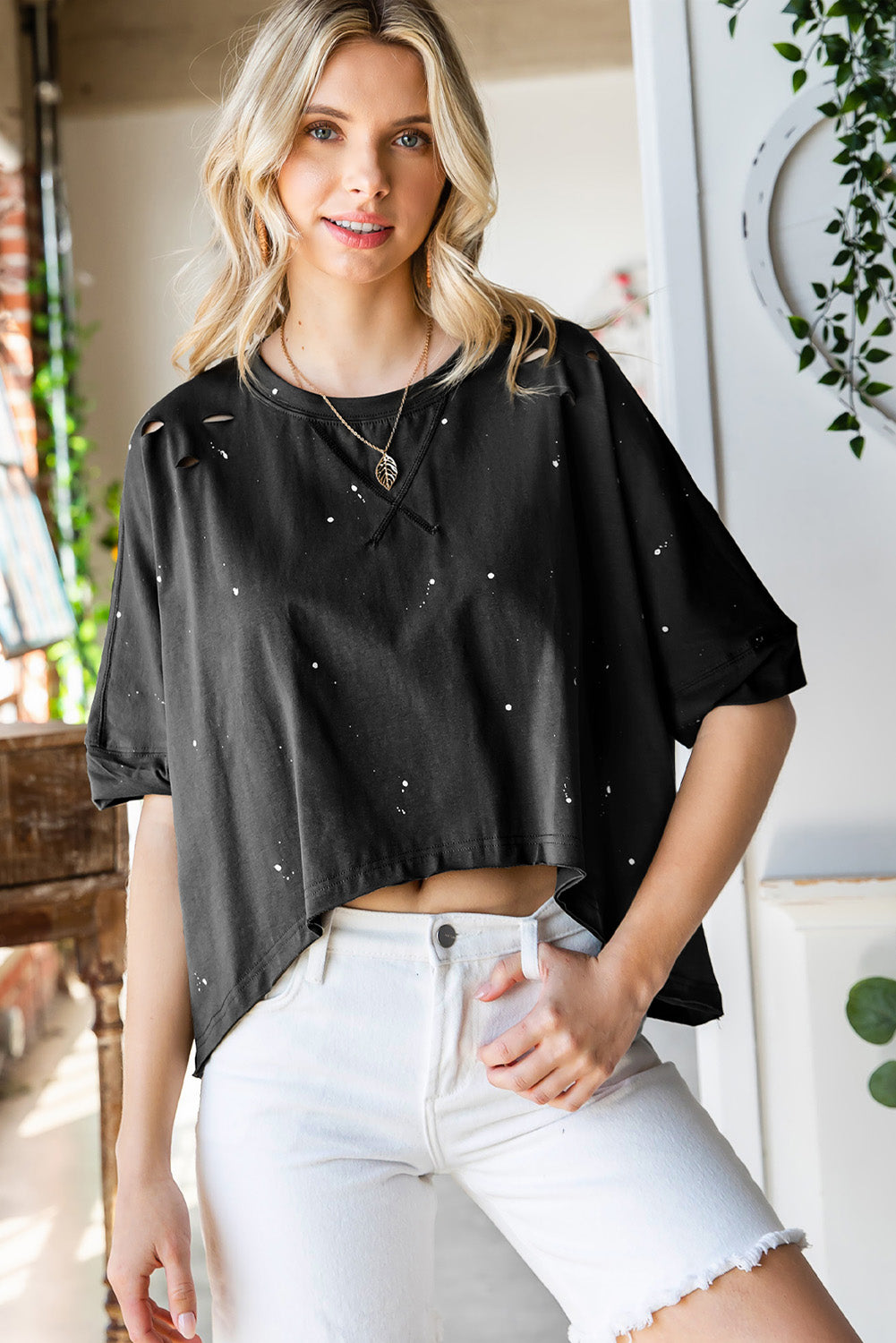 Distressed Asymmetric Hem Cropped Tee Shirt