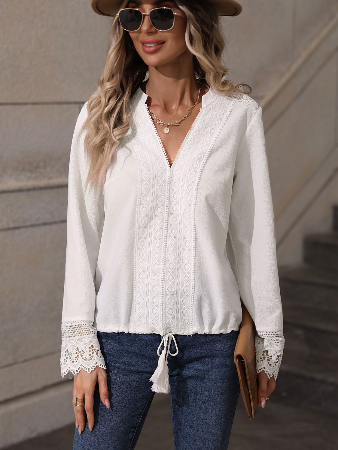 V-Neck Long Sleeve Lace Trim Blouse