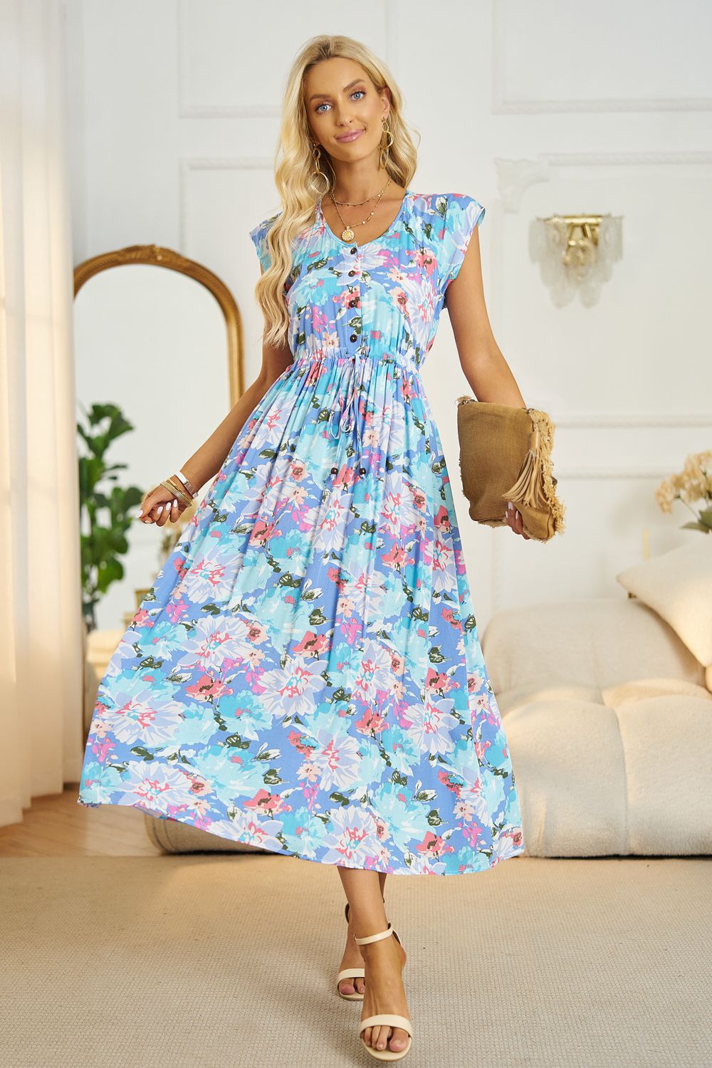 Floral V-Neck A-Line Midi Dress