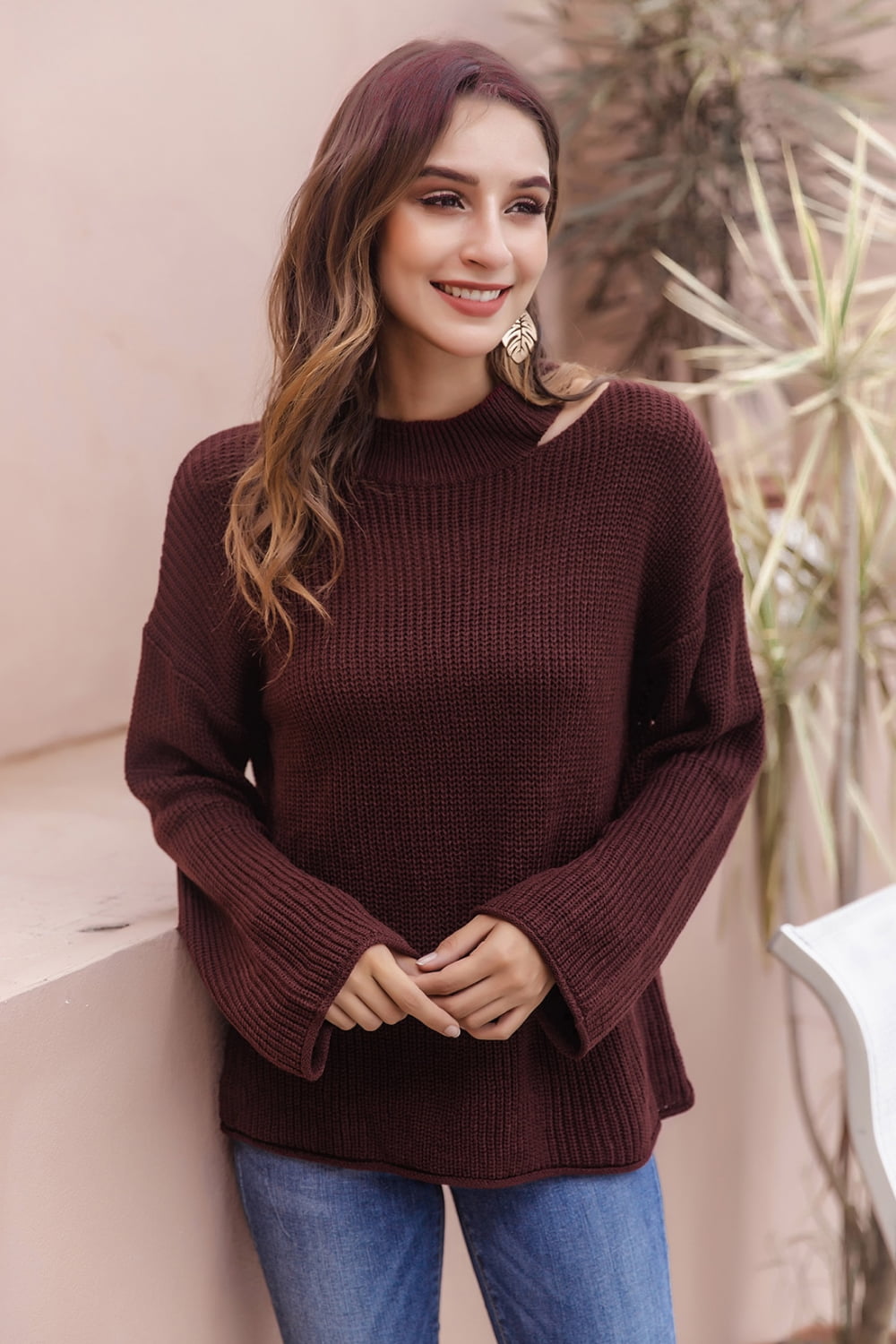 Woven Right Round Neck Cutout Dropped Shoulder Sweater