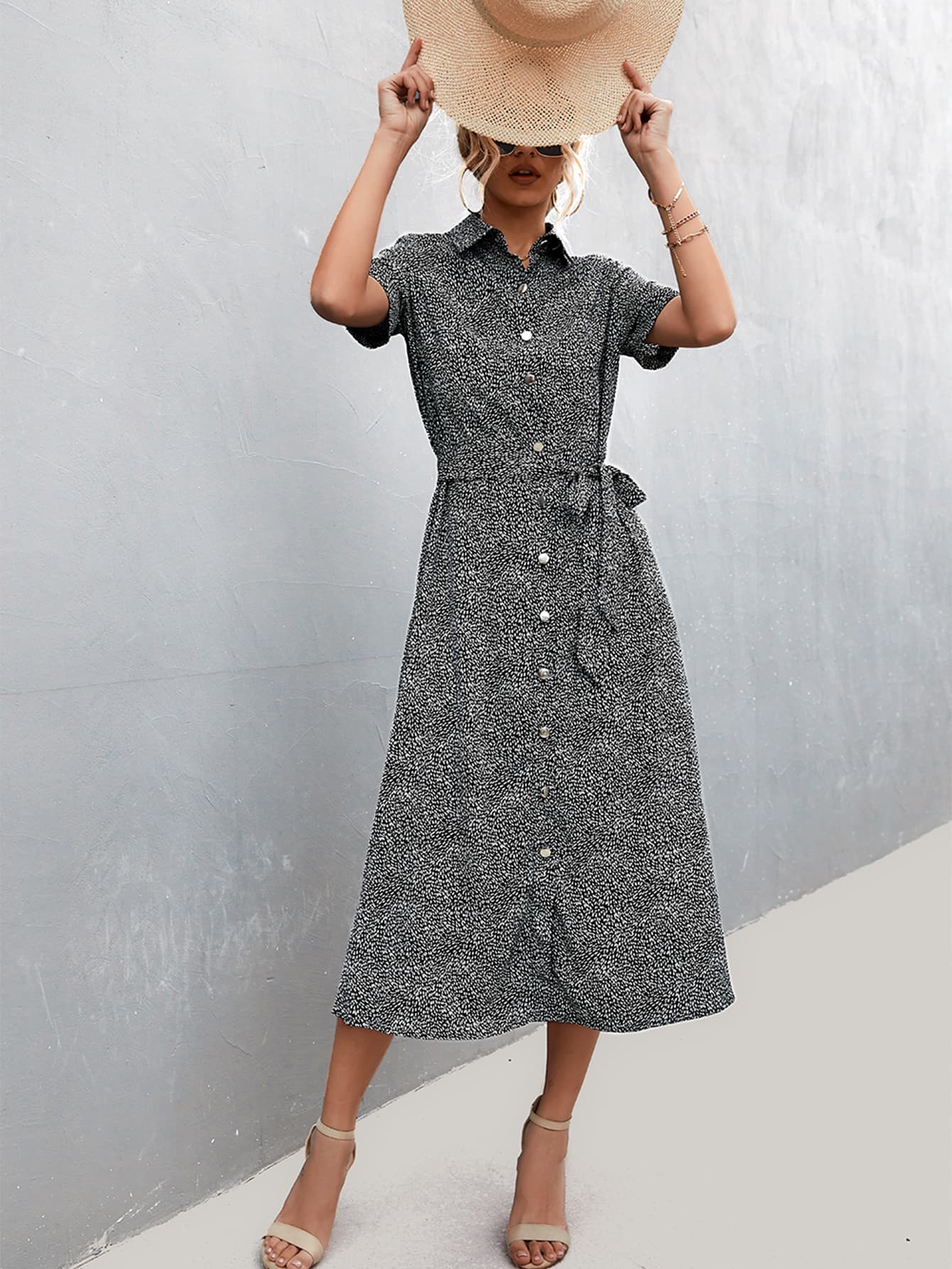 Printed Tie Waist Short Sleeve Shirt Dress