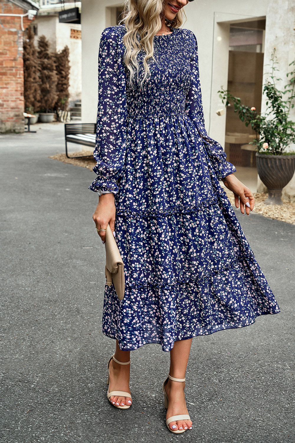 Smocked Flounce Sleeve Midi Dress