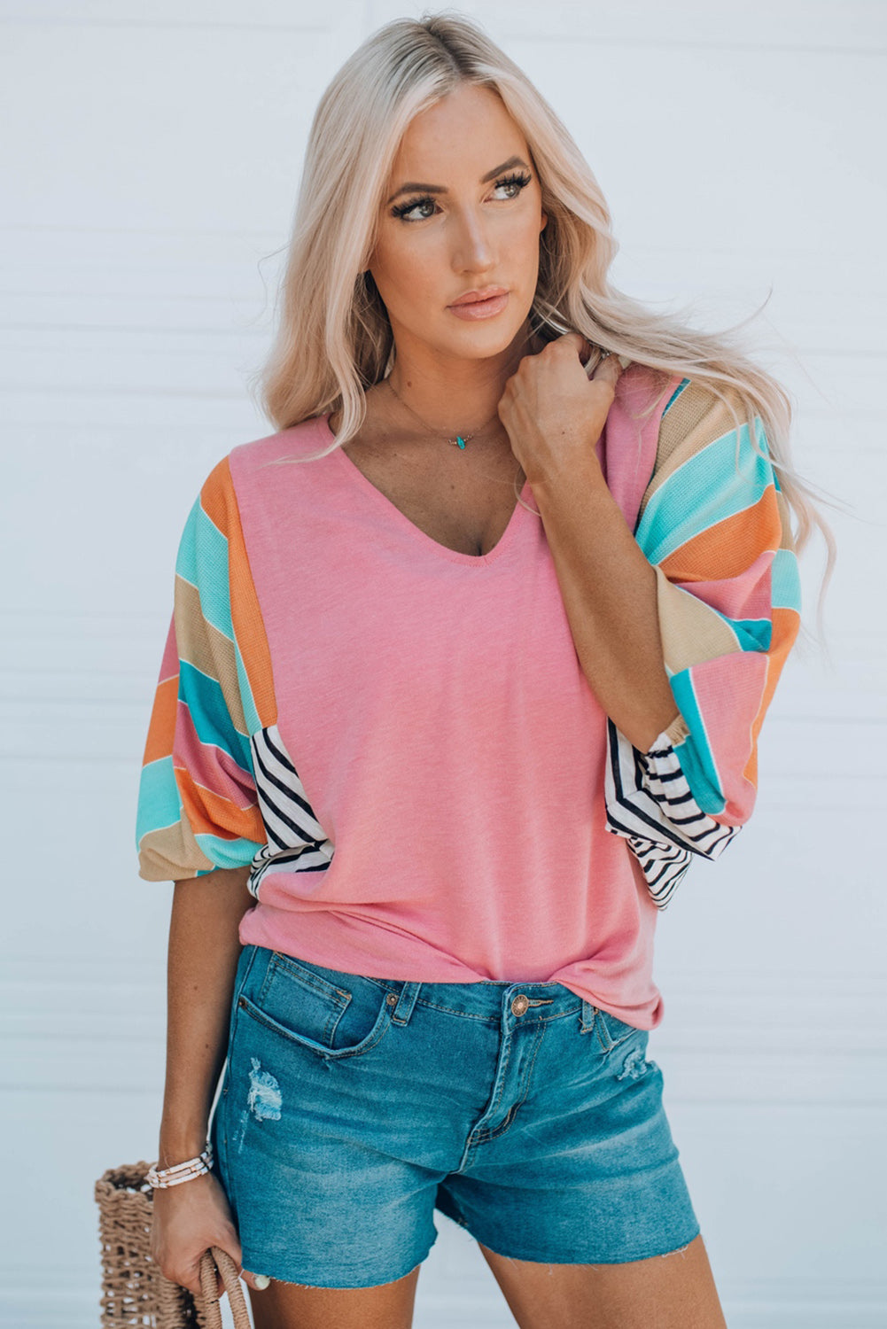 Striped Dolman Sleeve V-Neck Top