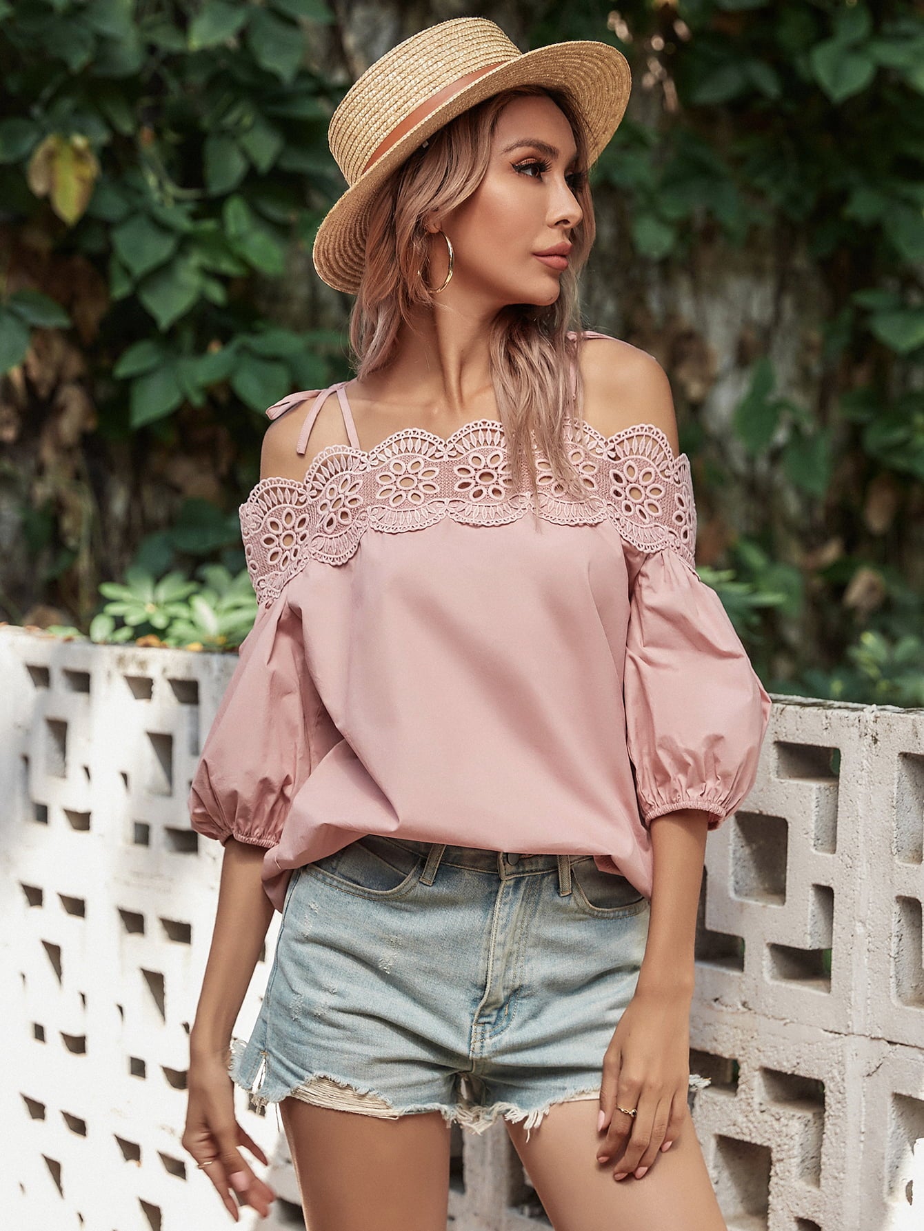 Lace Trim Off-Shoulder Bubble Sleeve Blouse