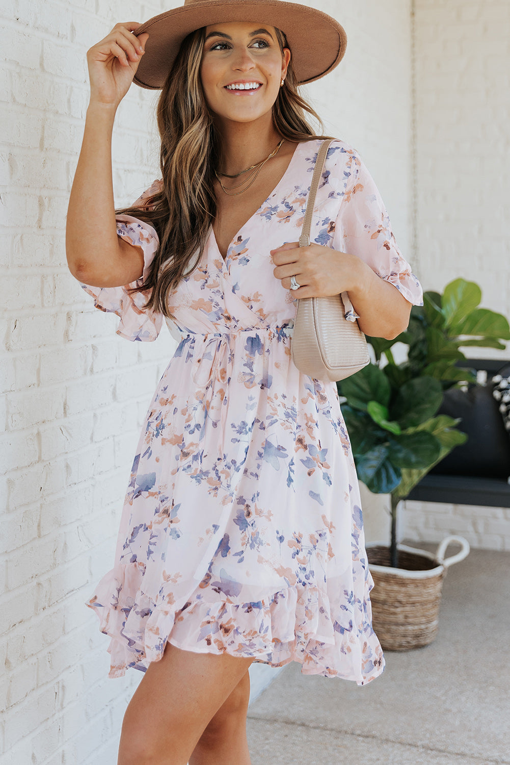 Floral Drawstring Waist Ruffled Surplice Dress