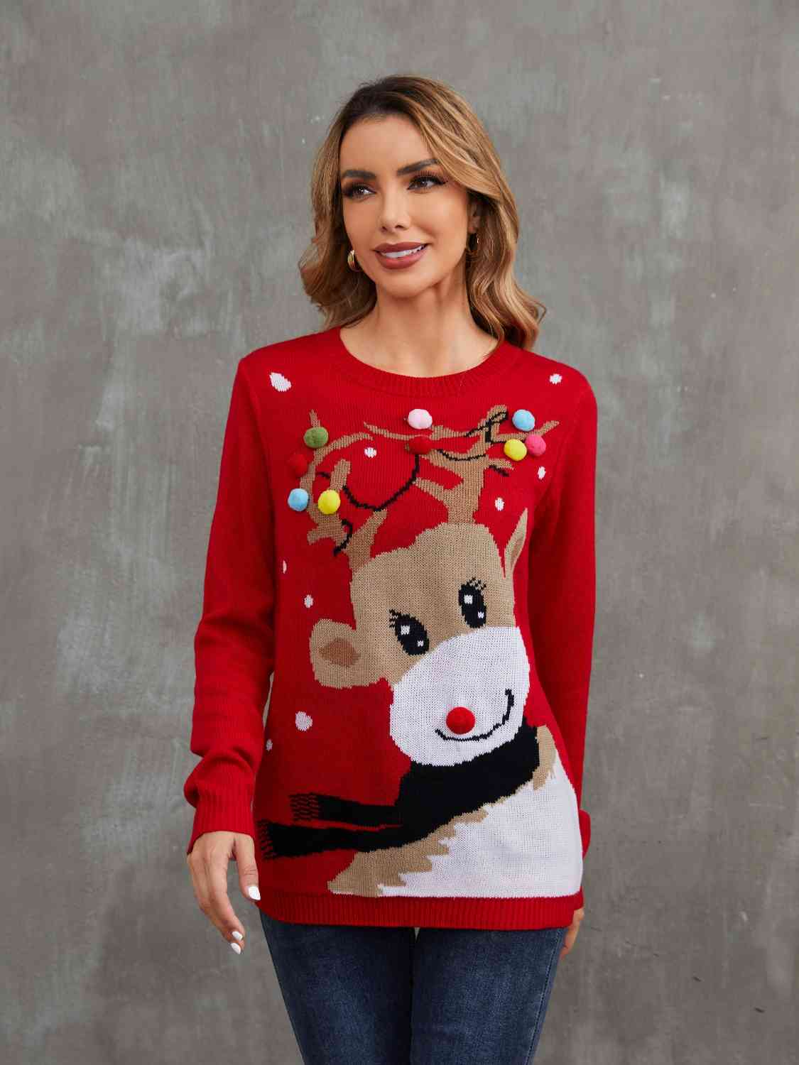 Rudolph Pom-Pom Trim Sweater