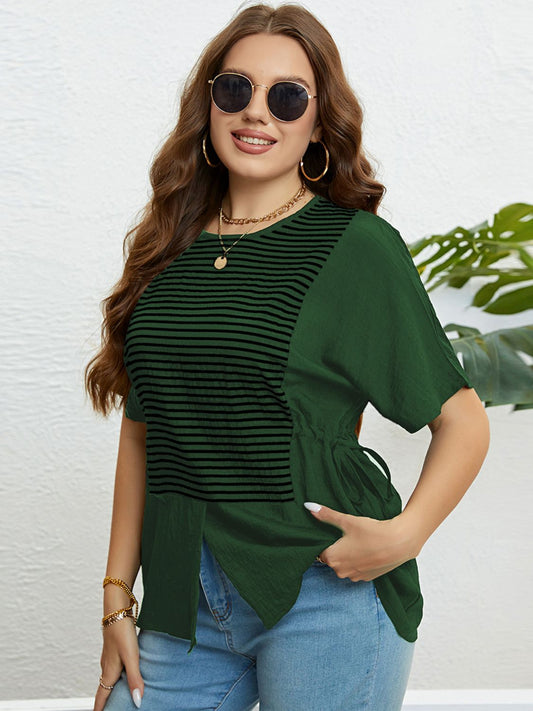 Plus Size Striped Drawstring Slit Top