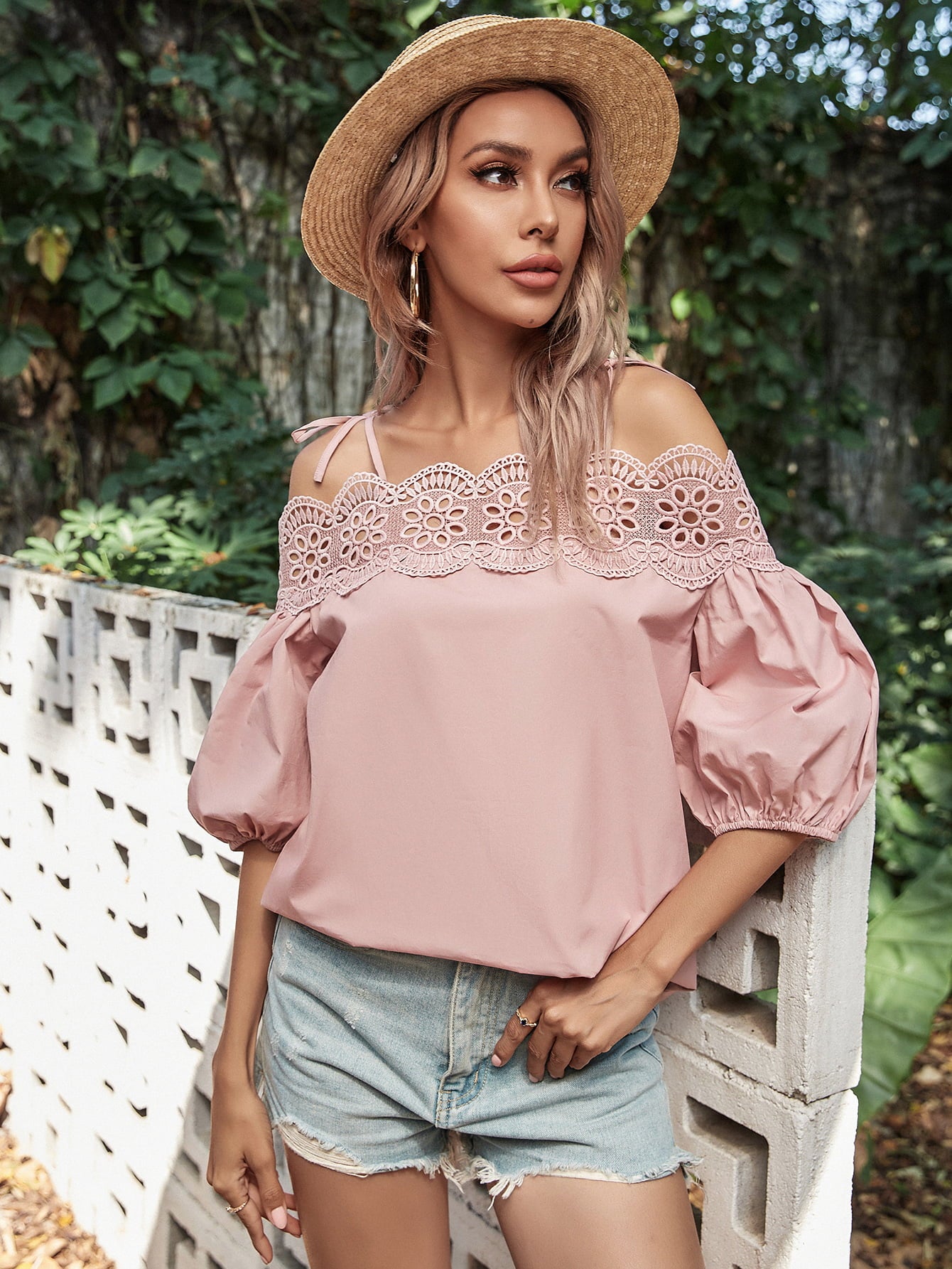 Lace Trim Off-Shoulder Bubble Sleeve Blouse