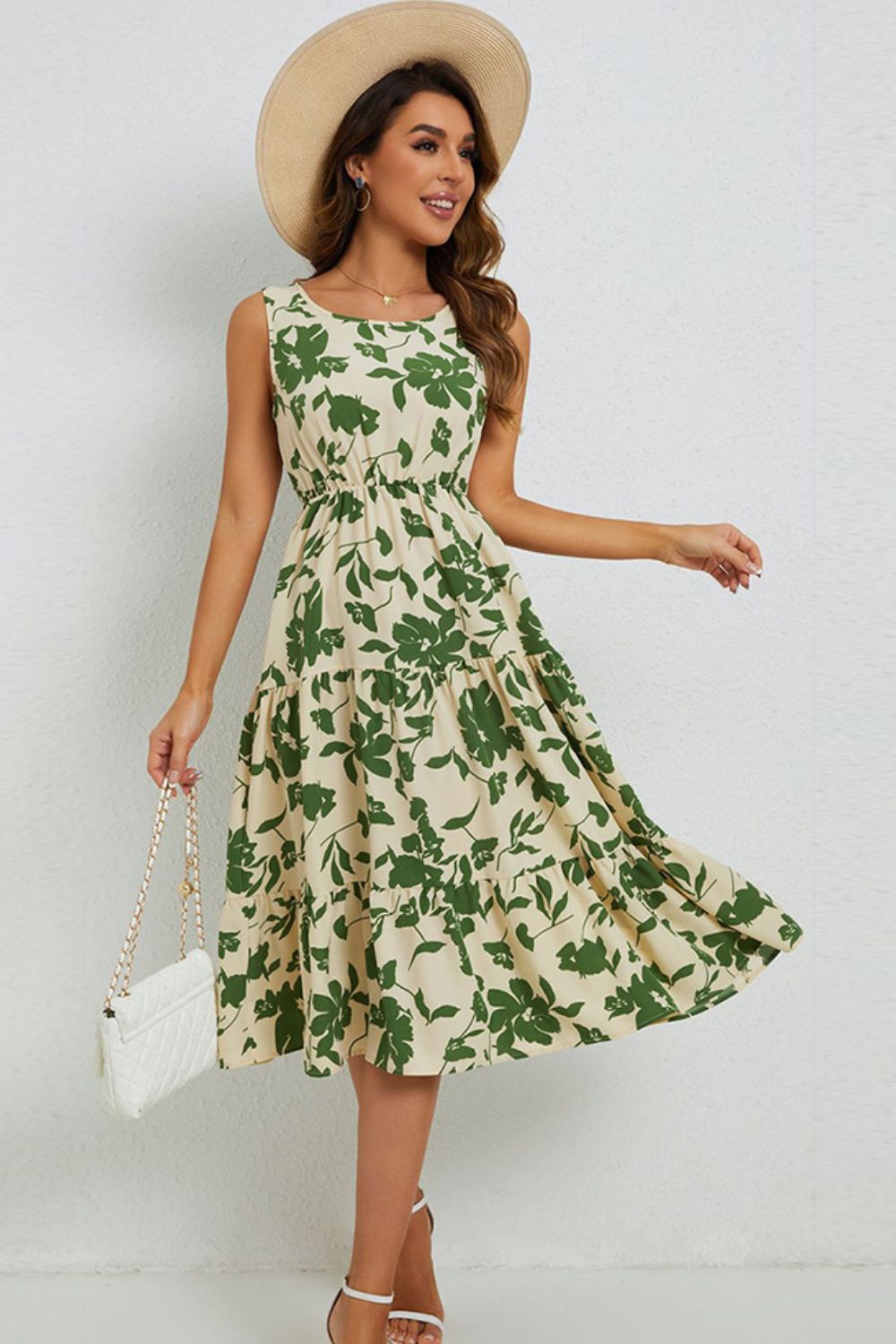 Floral Round Neck Tiered Sleeveless Dress