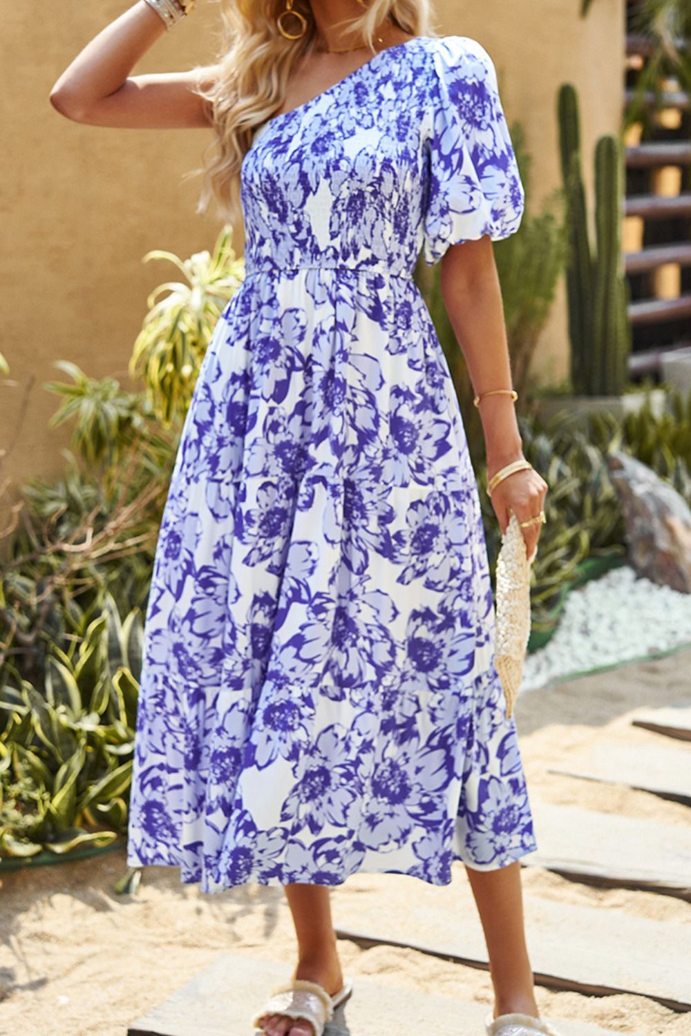 Floral One-Shoulder Smocked Midi Dress