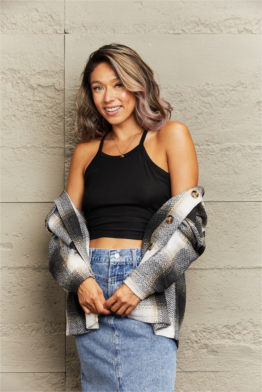 Plaid Dropped Shoulder Collared Jacket