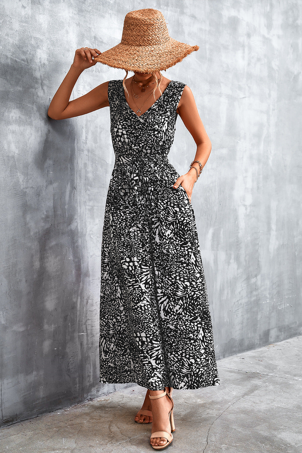 Printed V-Neck Tie Waist Maxi Dress