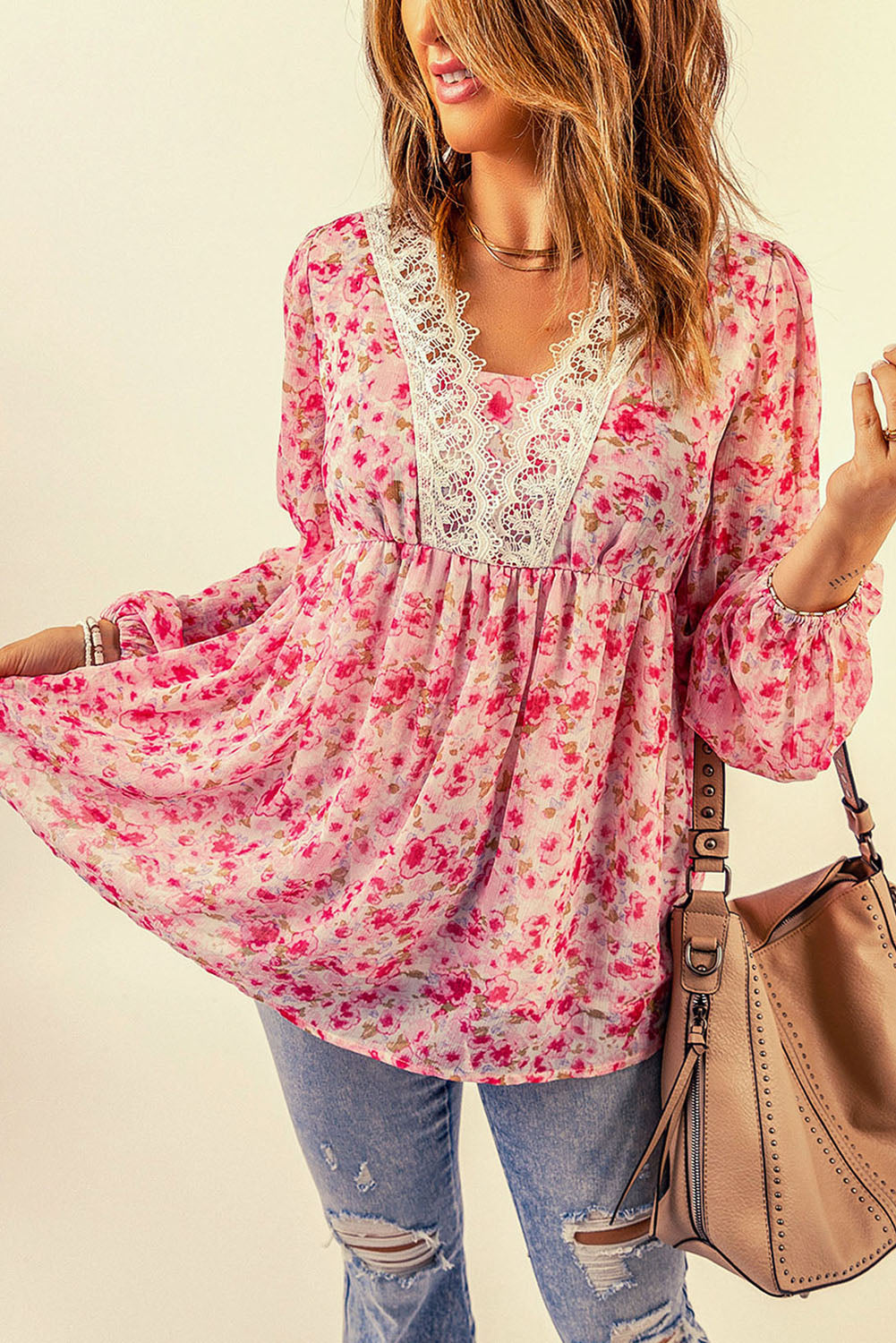 Floral Lace Trim Balloon Sleeve Blouse