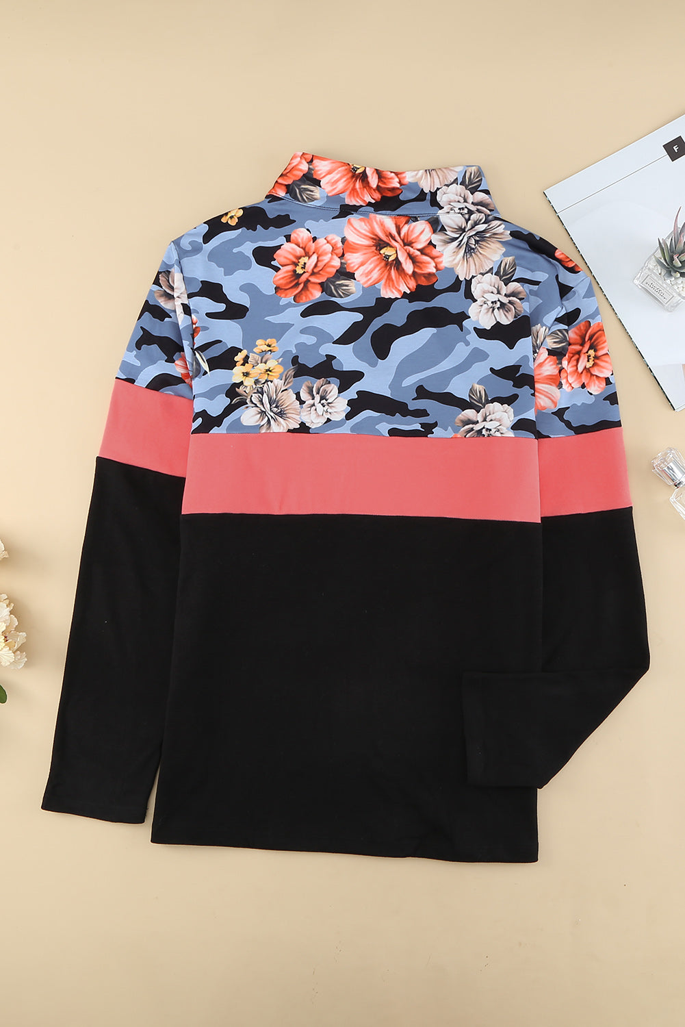 Plus Size Floral Color Block Quarter Zip Top