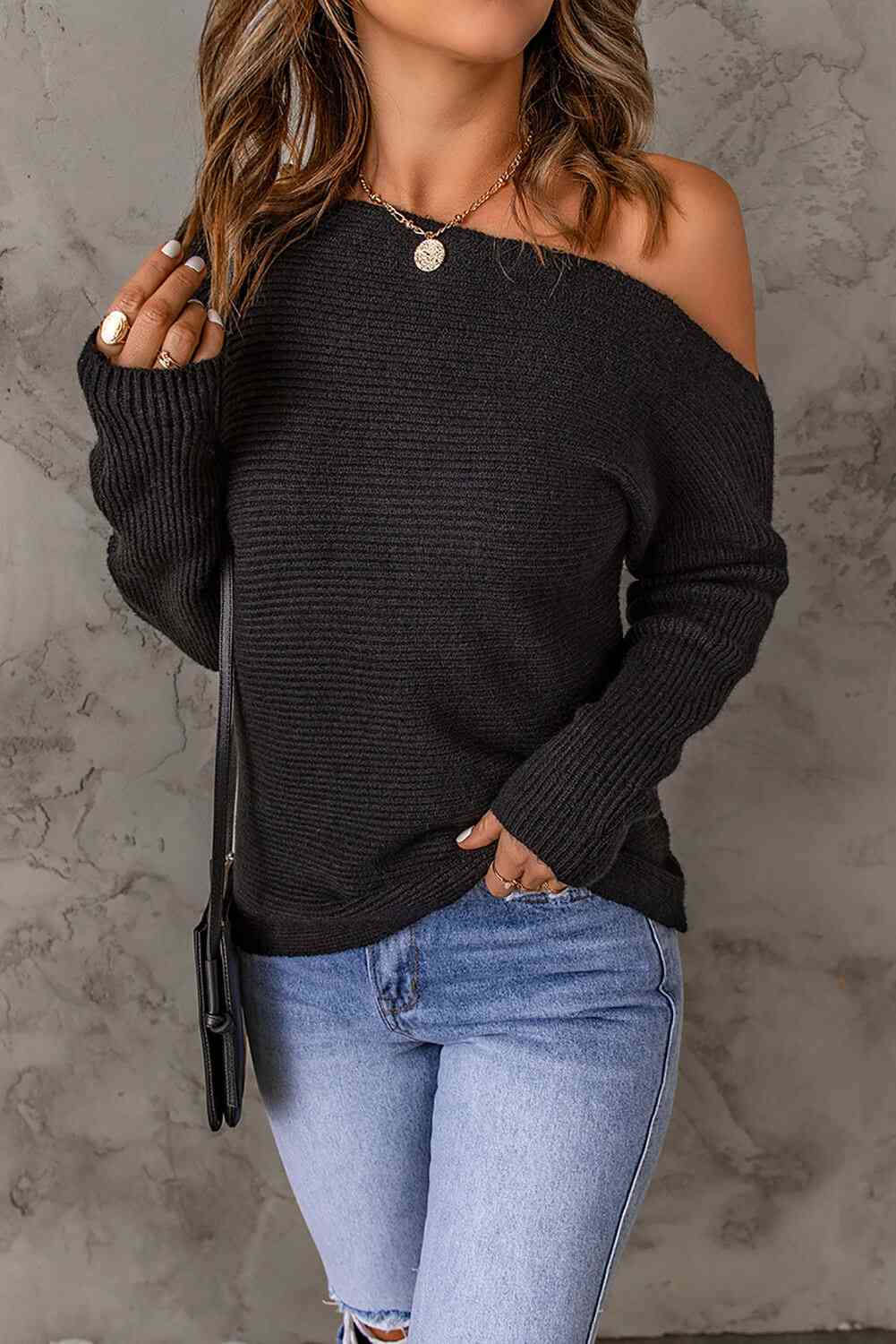 Double Take Horizontal Ribbing One-Shoulder Sweater