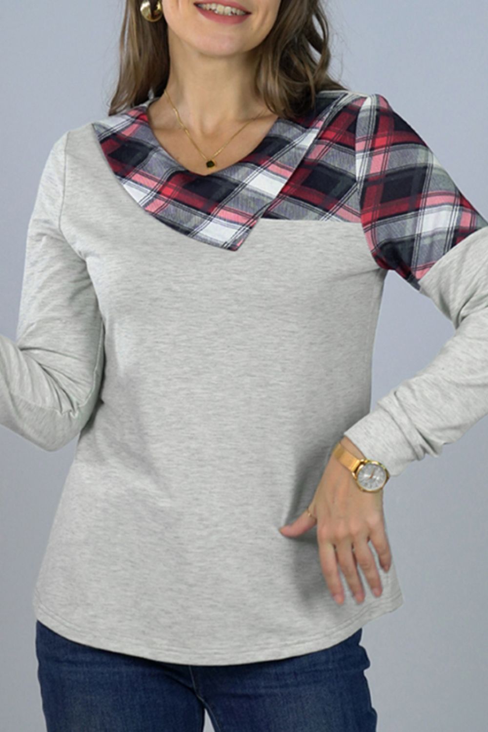 Asymmetrical Plaid Print Long Sleeve Tee