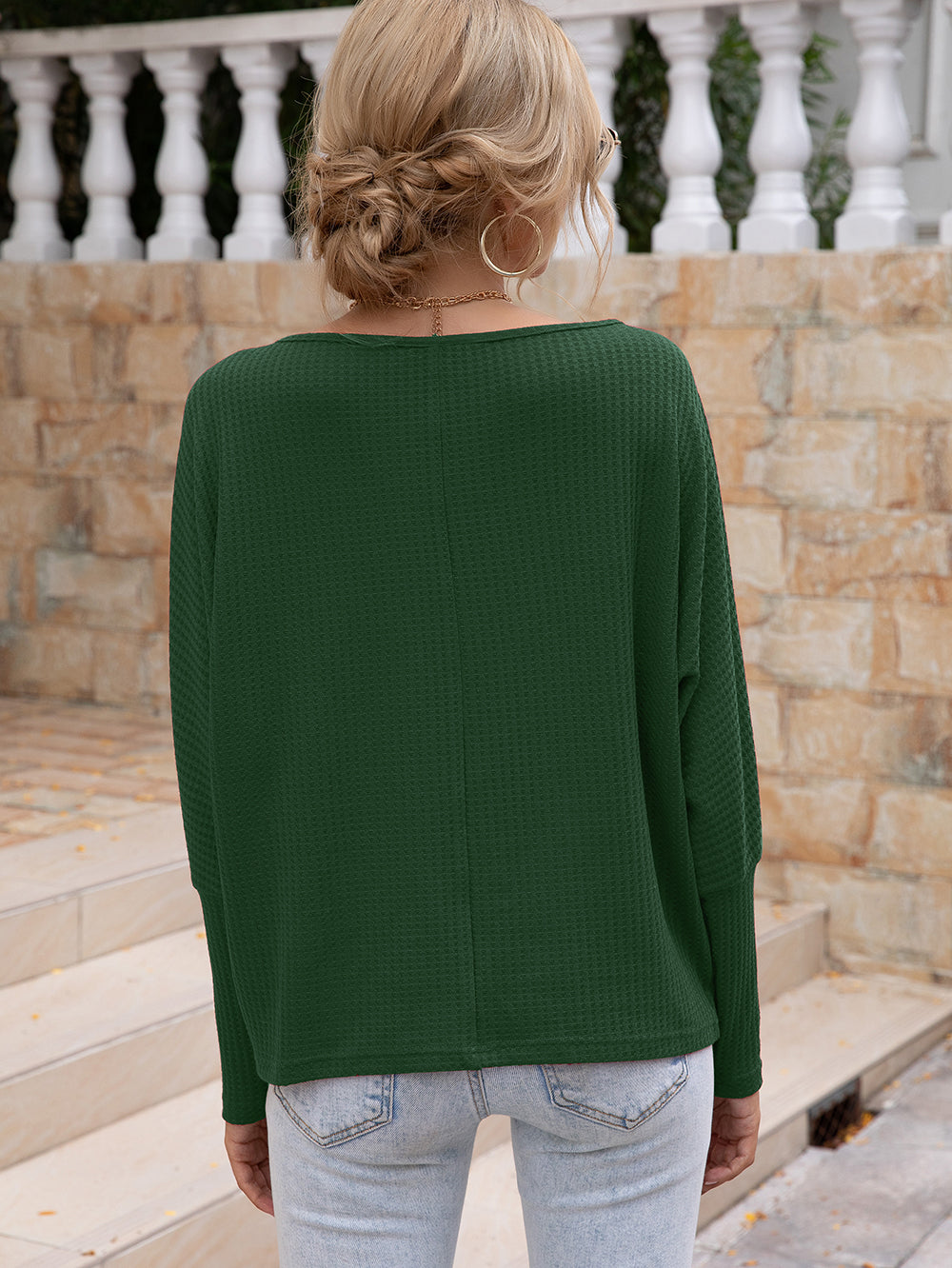 Waffle-Knit Boat Neck Long Sleeve Top