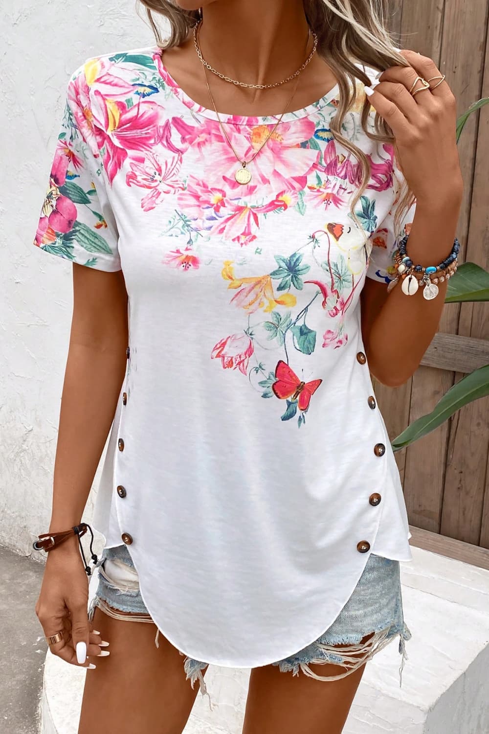 Floral Round Neck Buttoned Hem Detail Top