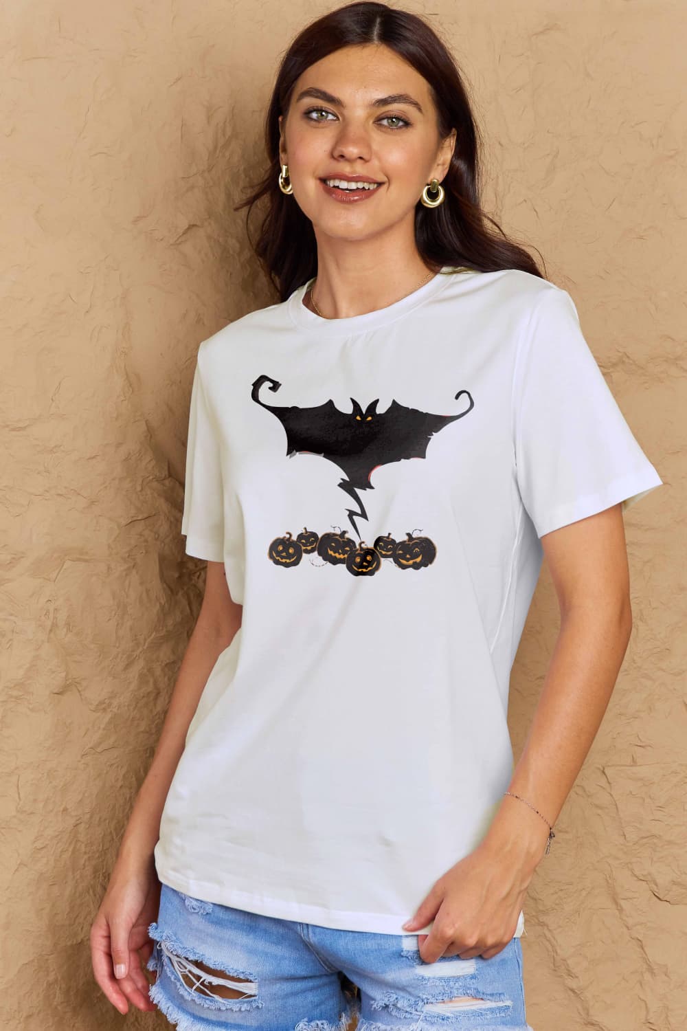 Simply Love Full Size Bat & Pumpkin Graphic Cotton T-Shirt