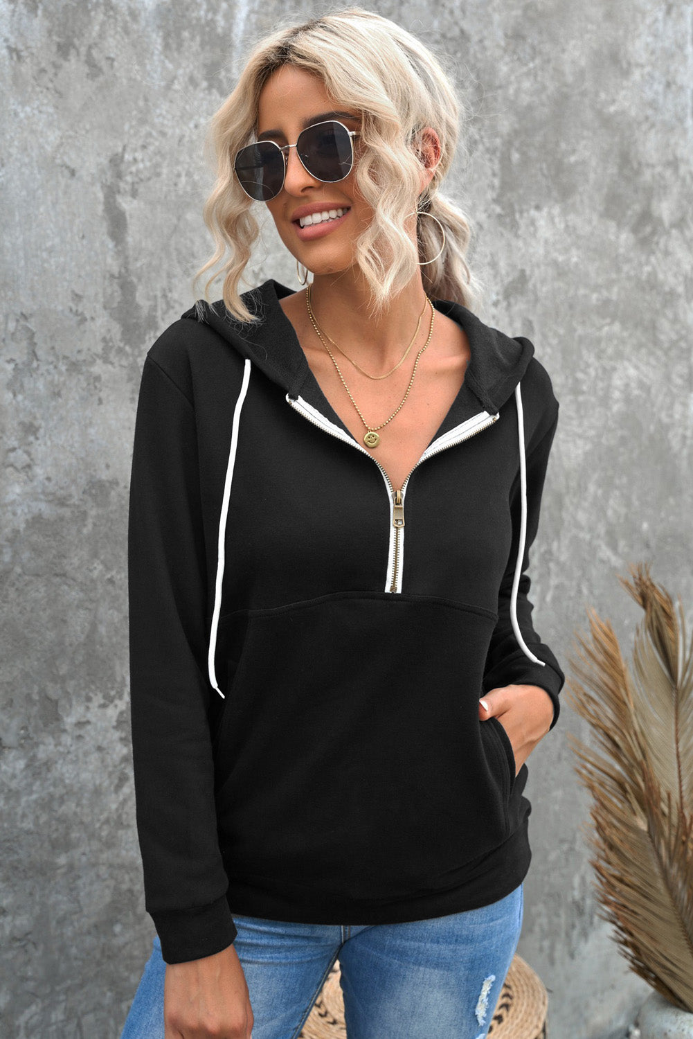 Half-Zip Drawstring Hoodie with Pockets