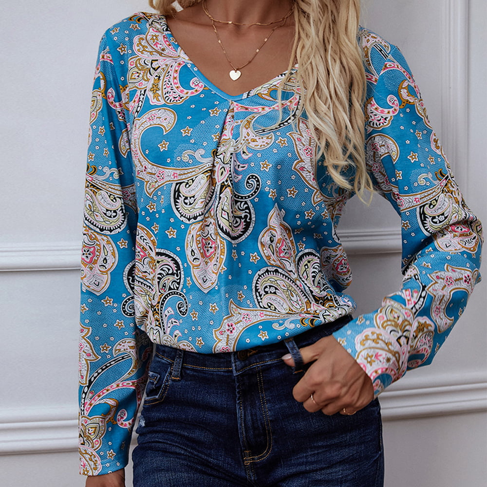 Printed V-Neck Long Sleeve Blouse