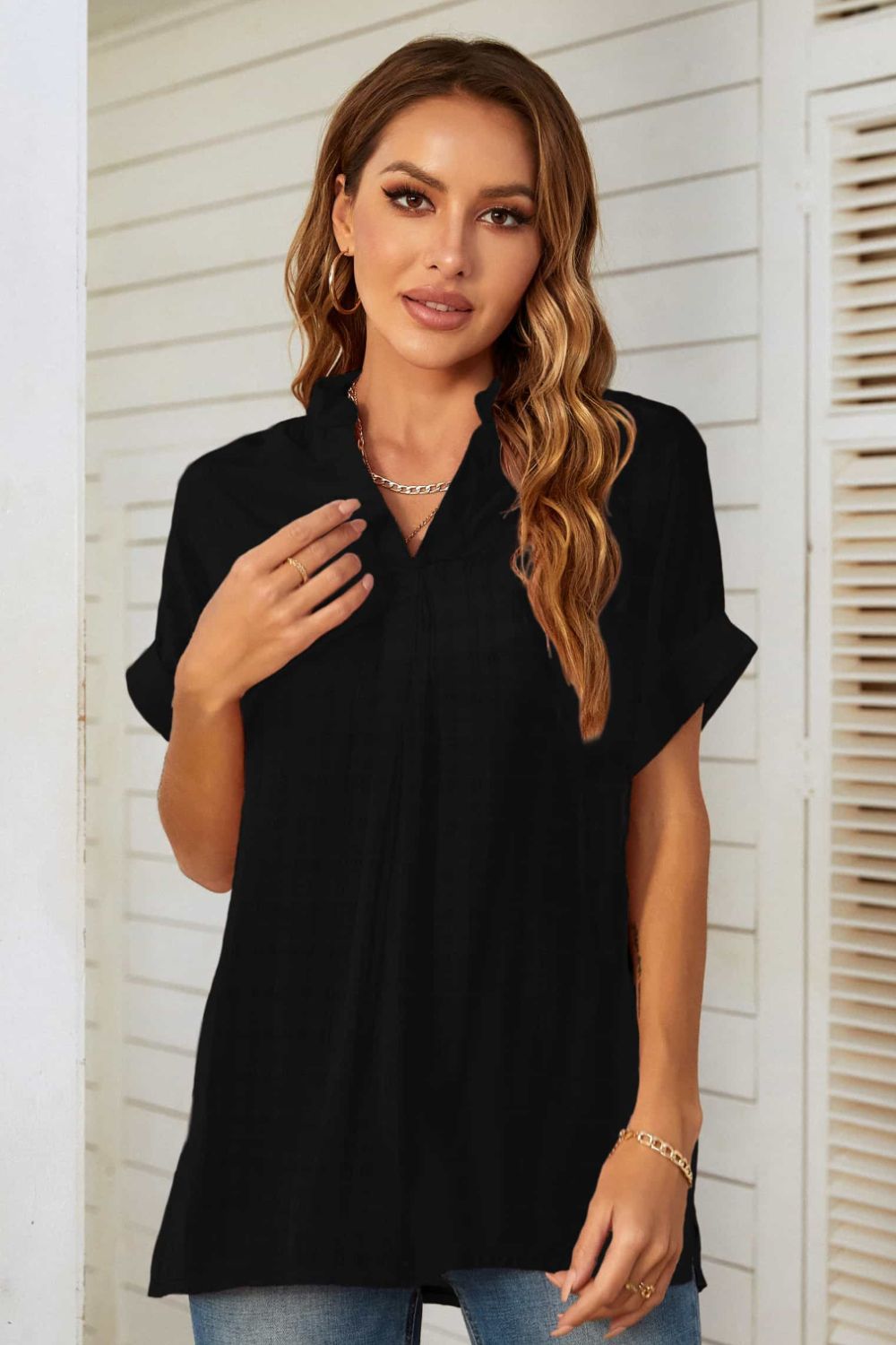 Notched Neck Slit Cuffed Blouse