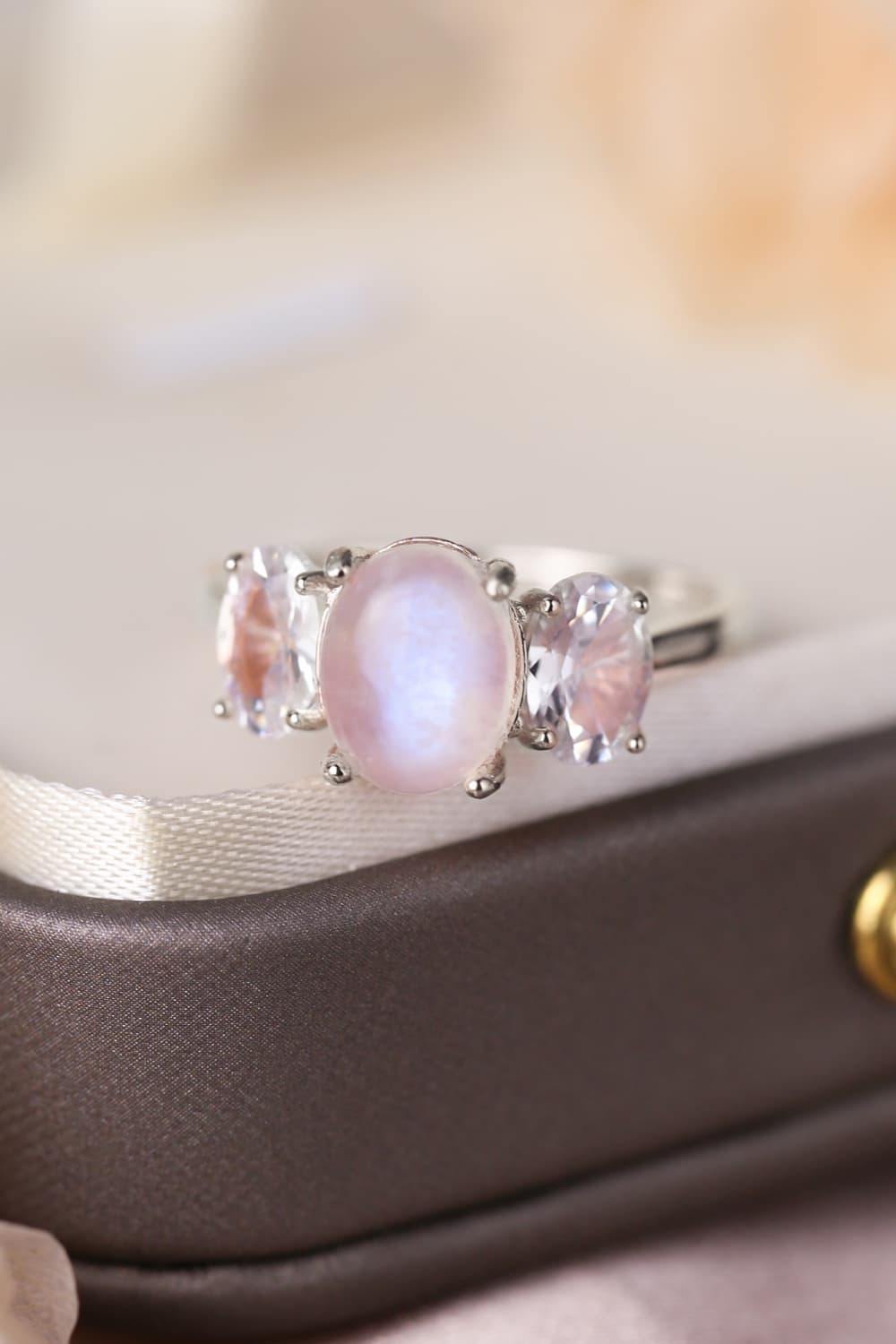 High Quality Natural Moonstone 925 Sterling Silver Three Stone Ring