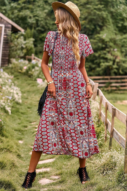 Printed Tie Back Flutter Sleeve Dress