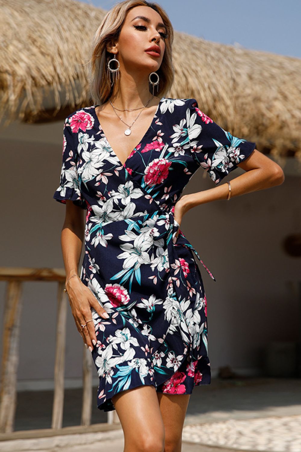 Floral Tied Flounce Sleeve Surplice Dress