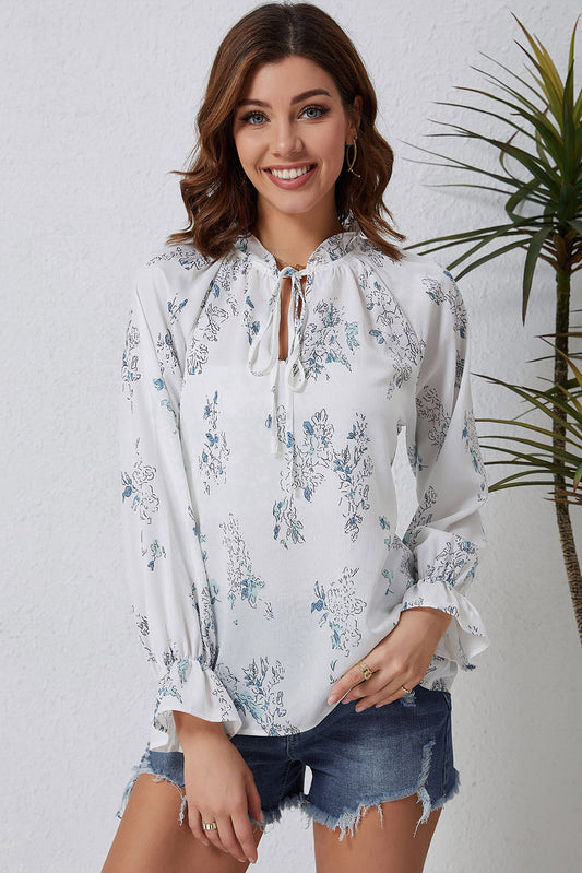 Double Take Floral Tie Neck Flounce Sleeve Blouse