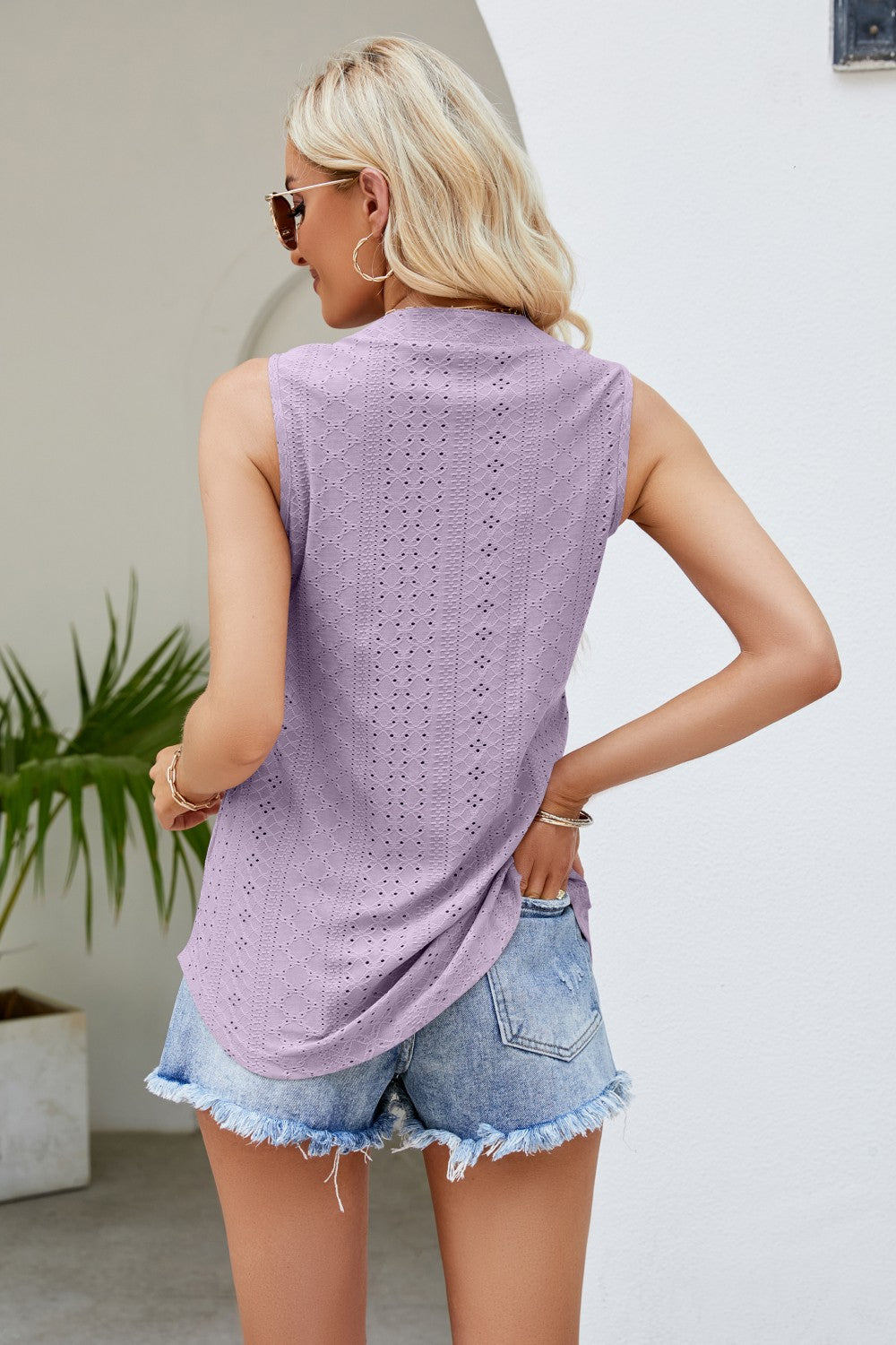 Notched Neck Curved Hem Eyelet Tank