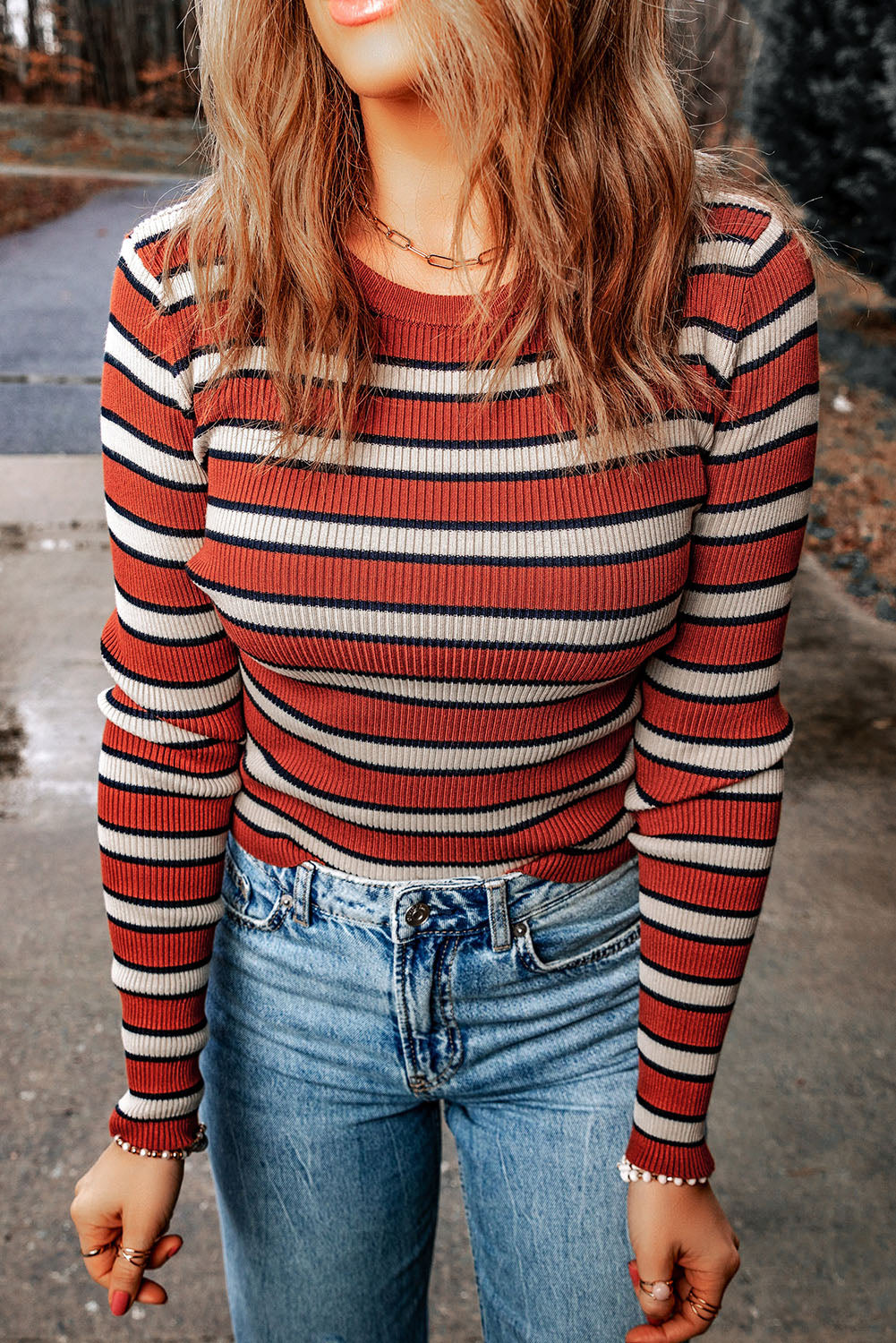 Striped Round Neck Long Sleeve Top