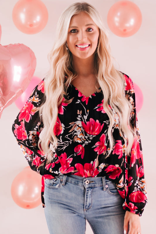 Floral V-Neck Balloon Sleeve Blouse