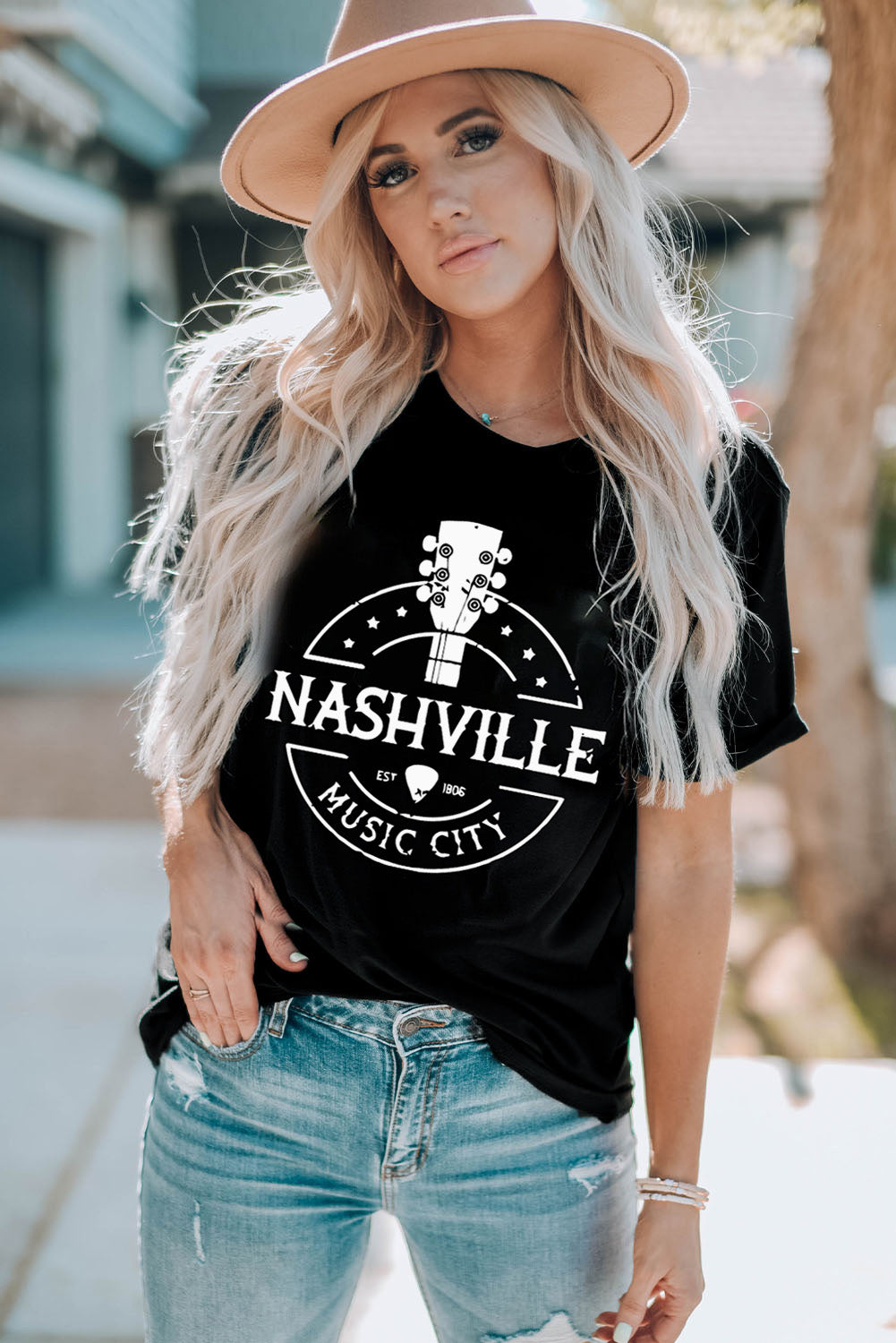 Western NASHVILLE MUSIC CITY Cuffed Graphic Tee Shirt