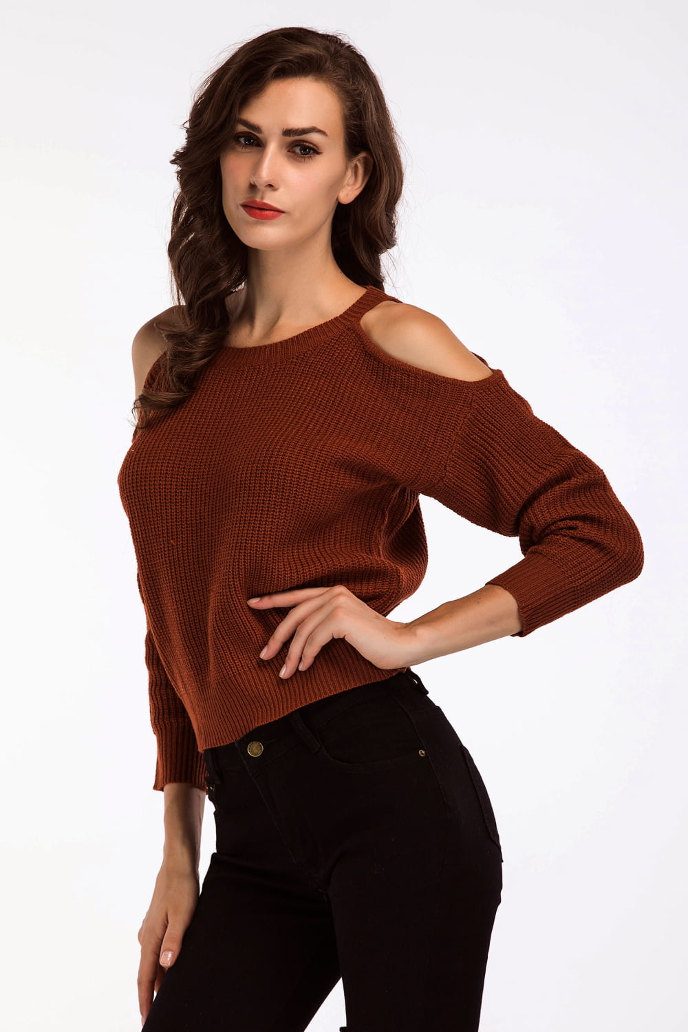 Double Take Round Neck Cold-Shoulder Ribbed Sweater