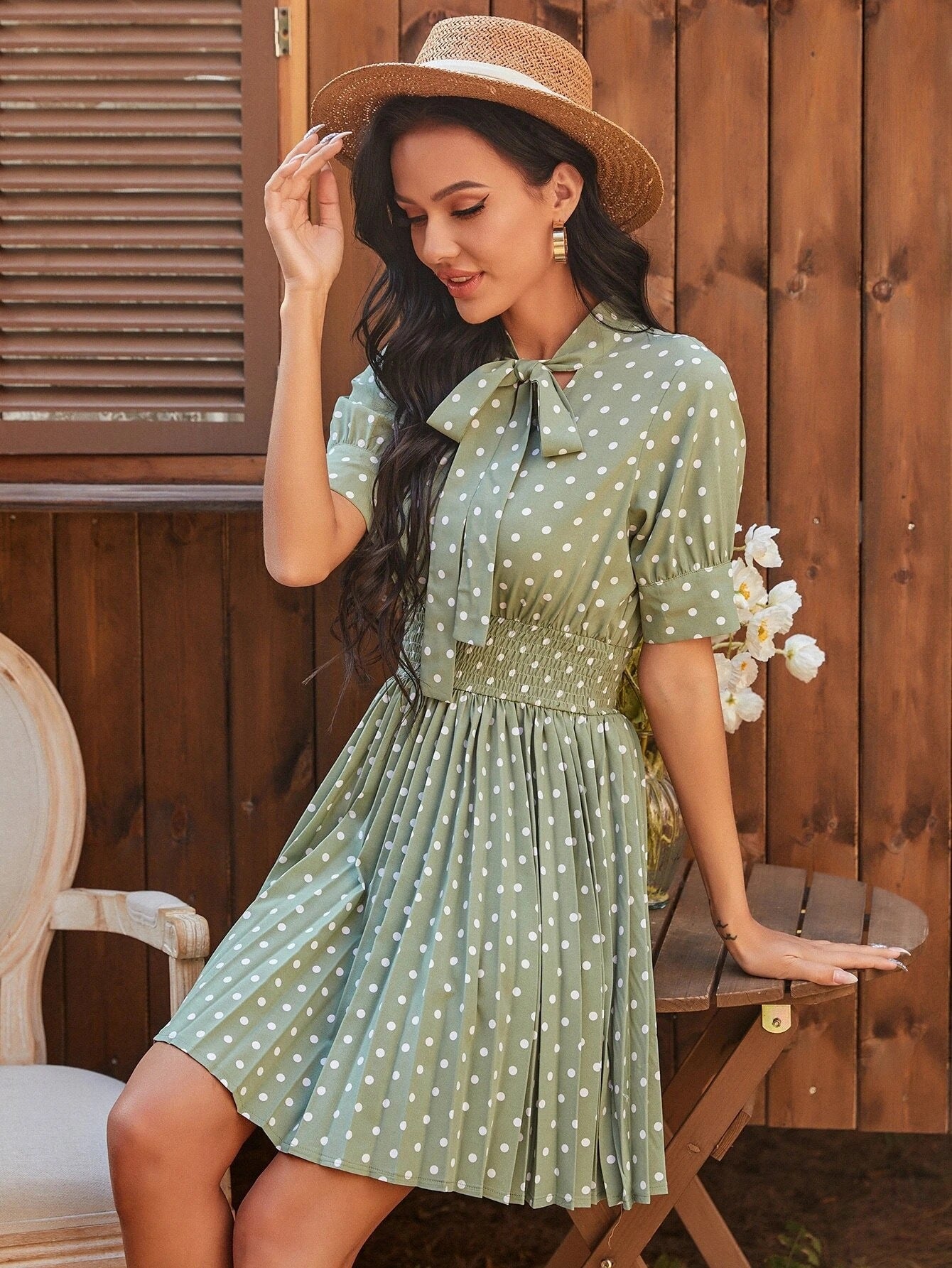 Polka Dot Pleated Tie Neck Smocked Waist Dress