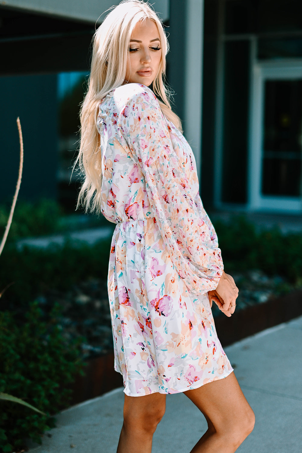 Floral Bubble Sleeve V-Neck Dress