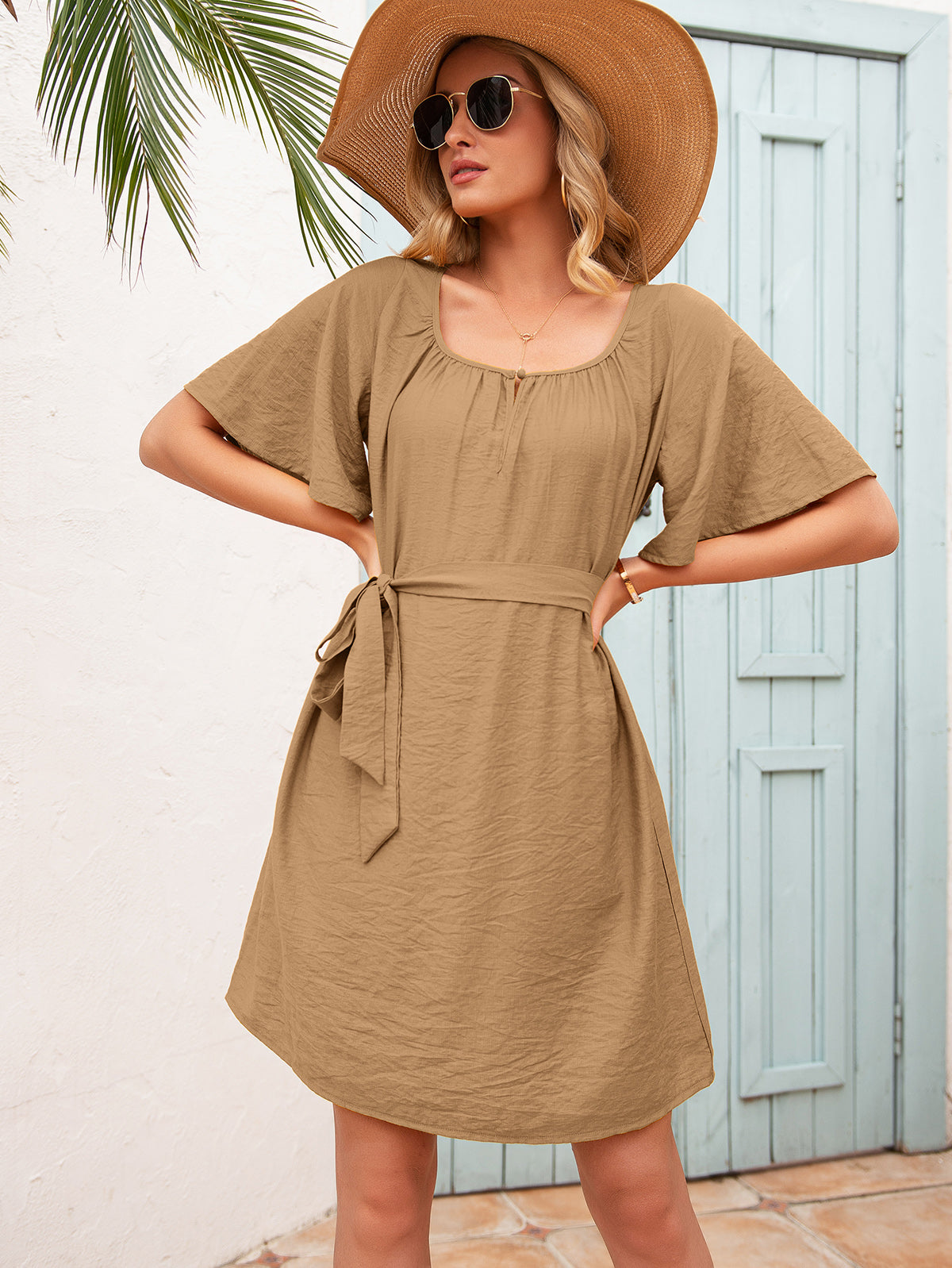 Tie Waist Flutter Sleeve Mini Dress