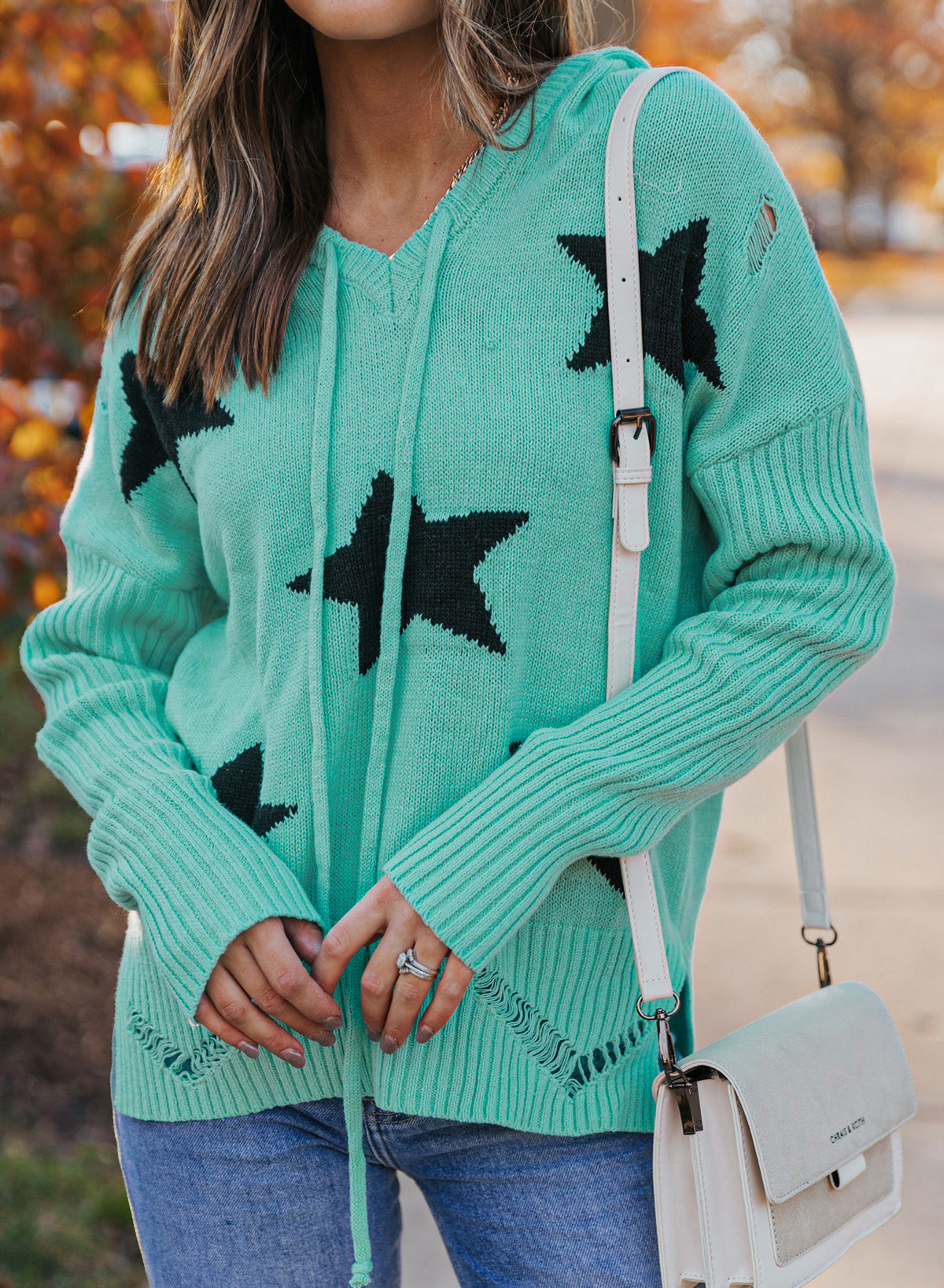 Star Distressed Slit Hooded Sweater