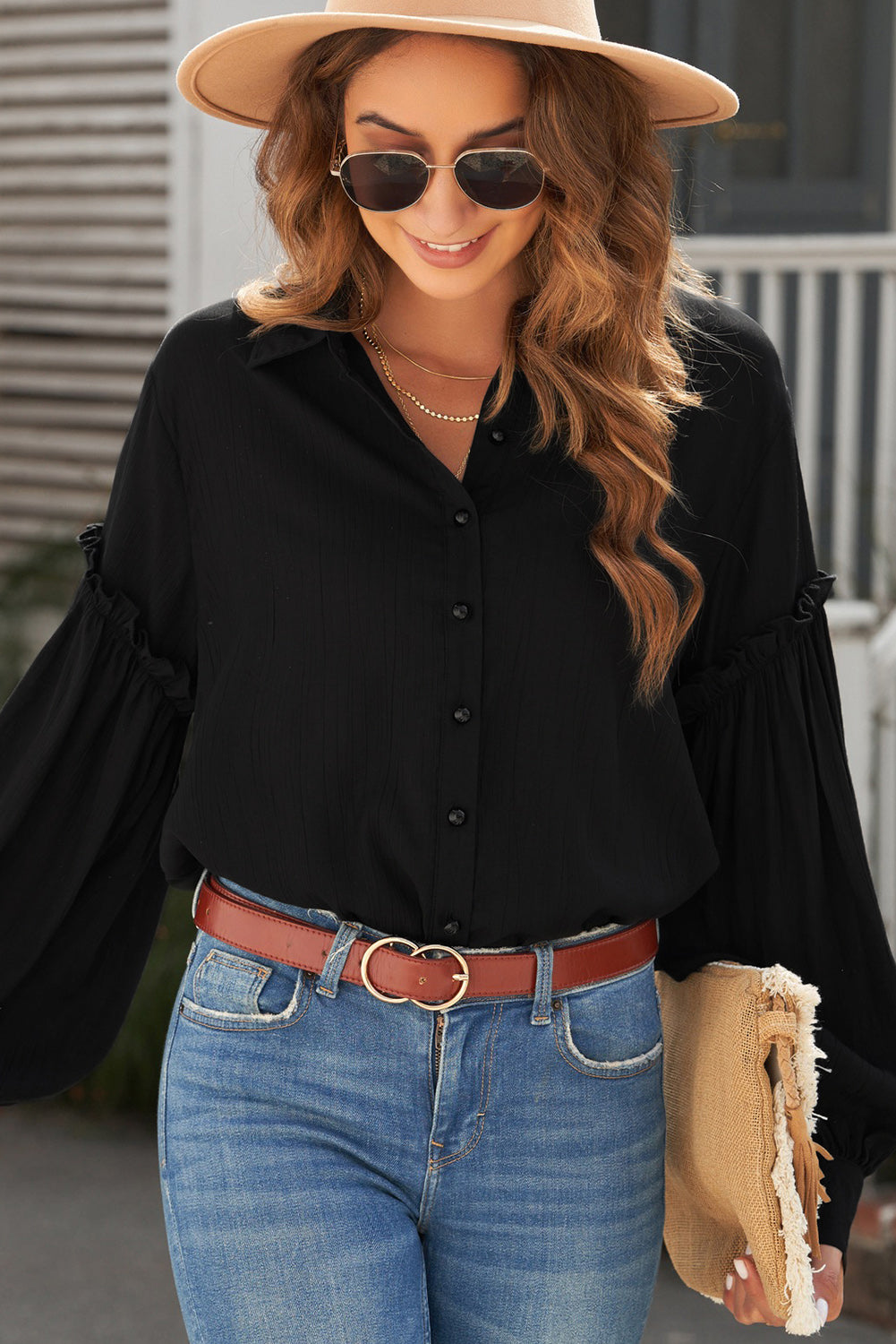 Button Front Bubble Sleeve Frill Trim Blouse