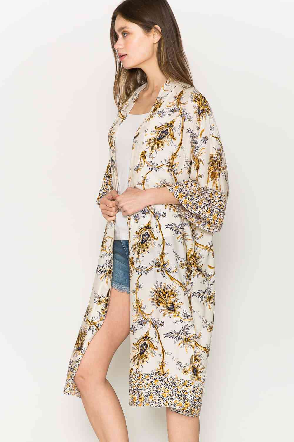 Justin Taylor Floral Open Front Slit Duster Cardigan