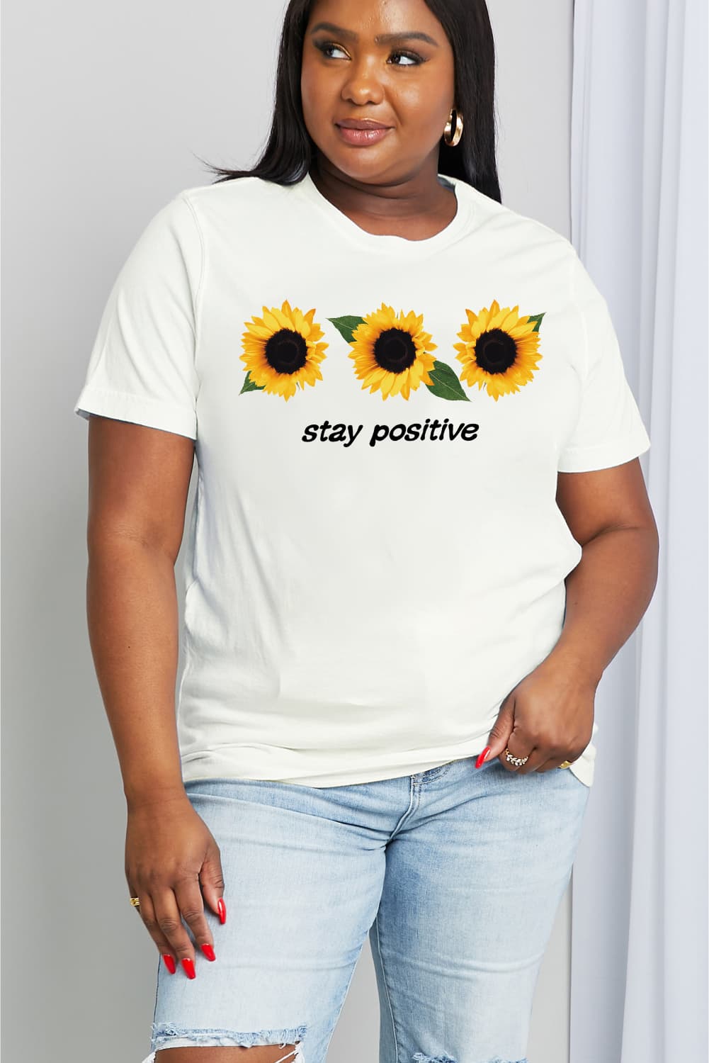 Simply Love Full Size STAY POSITIVE Sunflower Graphic Cotton Tee